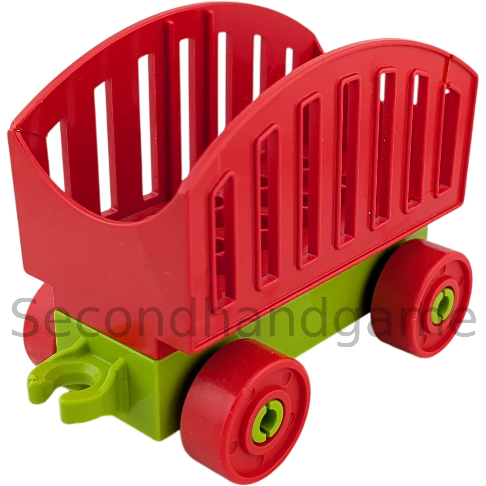 Lego Duplo Eisenbahn Anhänger Hellgrün Räder Rot mit Pferdeanhängeraufsatz Rot B-Ware