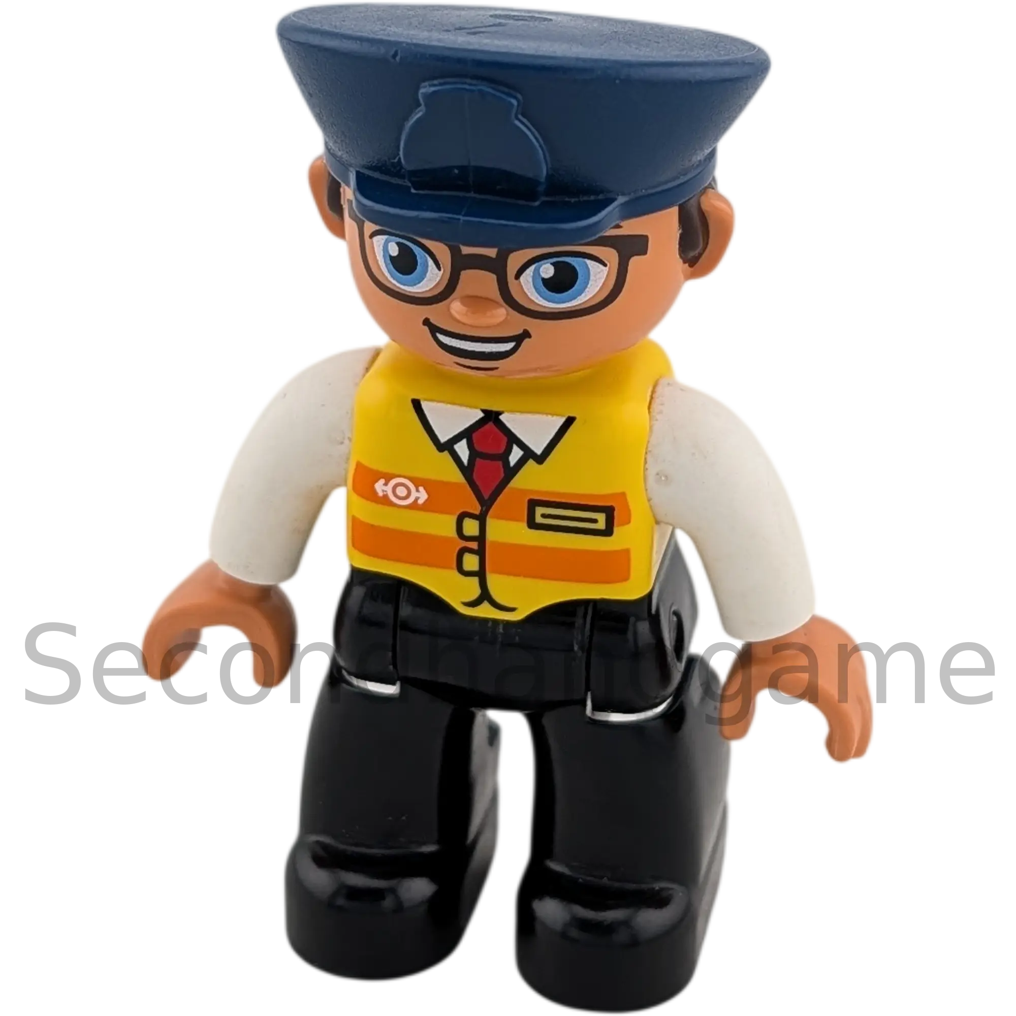 Lego Duplo Figur Mann 444H0 Schaffner Zugführer gelborangene Weste Krawatte rot Mütze Blau