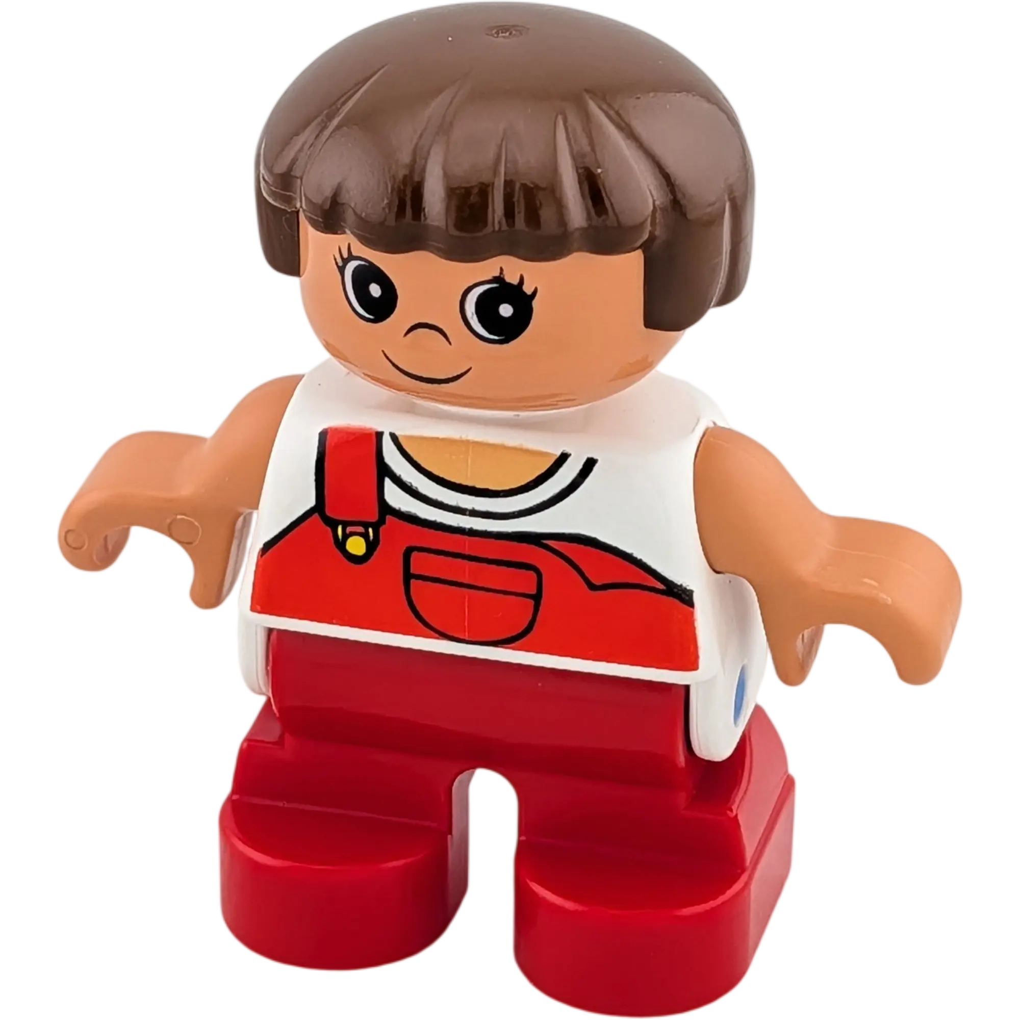 Lego Duplo Mädchen mit roter Latzhose braune mittellange Haare Steinschleuder in der Hosentasche
