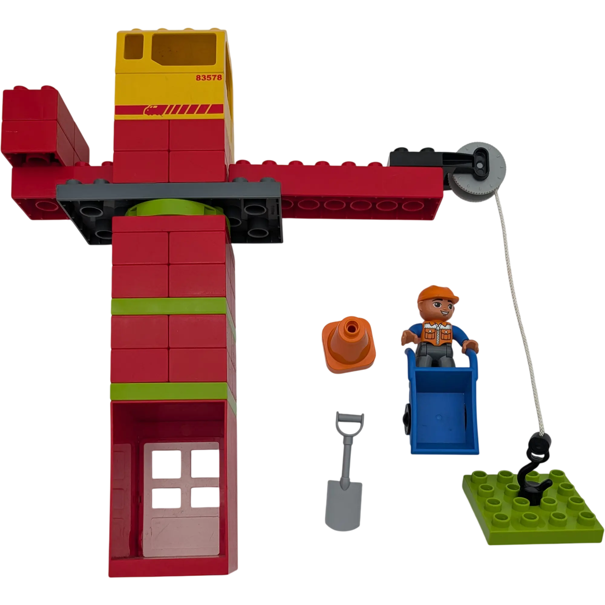 Lego Duplo großer Kran mit Schnurrolle, Bauarbeiter, Schubkarre und Zubehör