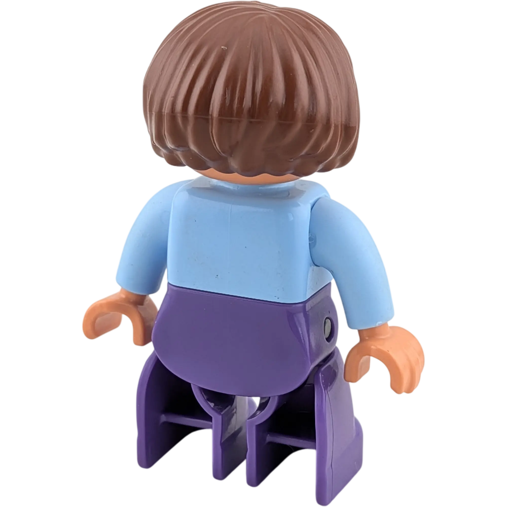 Lego Duplo Frau mit kurzen braunen Haaren hellblaues Oberteil, Kette, Lila Hose, Ansicht 2