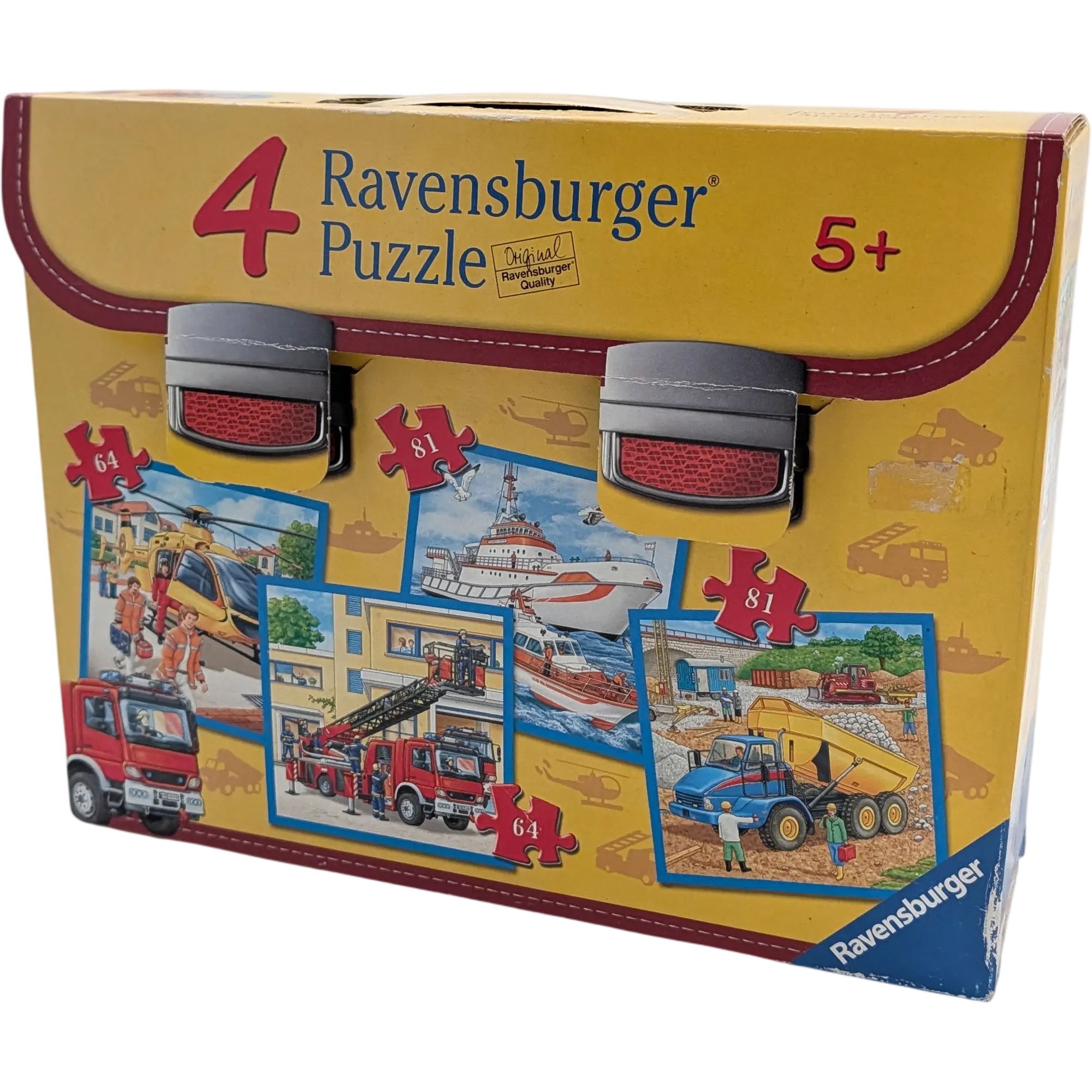 Ravensburger 4 Puzzle im Koffer 073917 2x64 2x81 Teile Einsatzfahrzeuge Feuerwehr Rettungshubschrauber Seenotrettung Baustelle