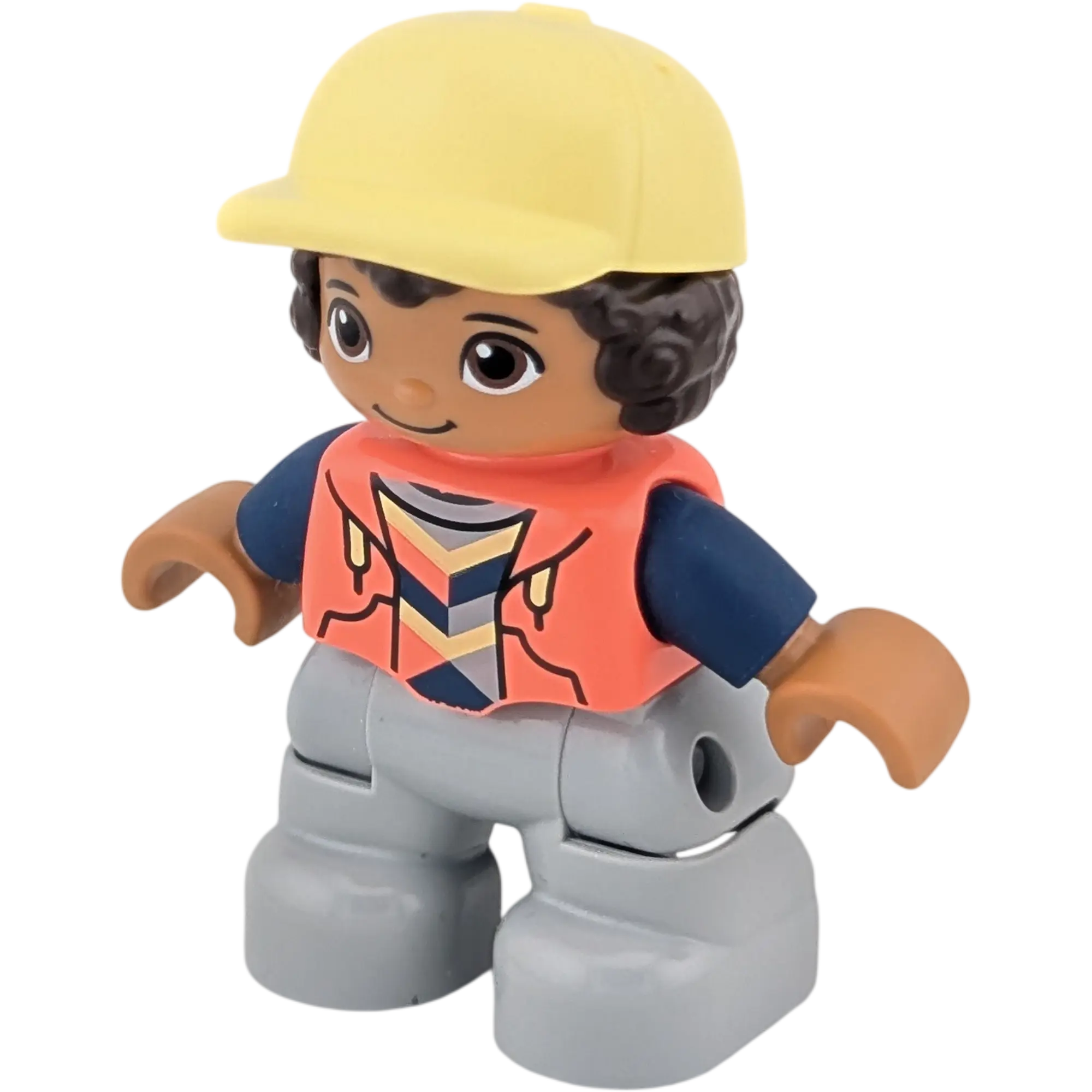 Lego Duplo Figur Mädchen brauner Teint gelbe Cape pinke Weste graue Hose