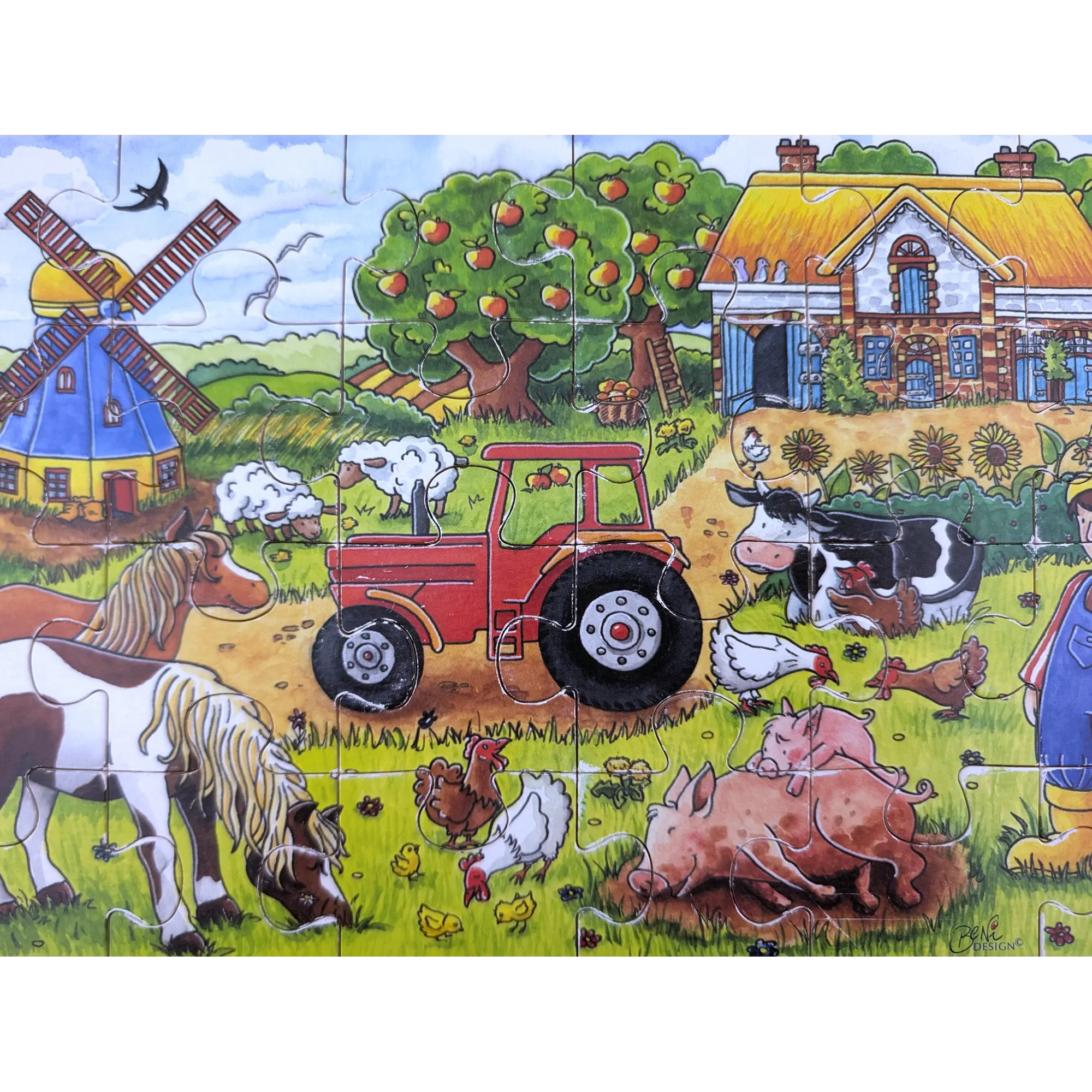 Goki Holzpuzzle Bauernhof Mühle Pferde Tiere 24 Teile, ab 3 Jahren Rahmenpuzzle aus Holz