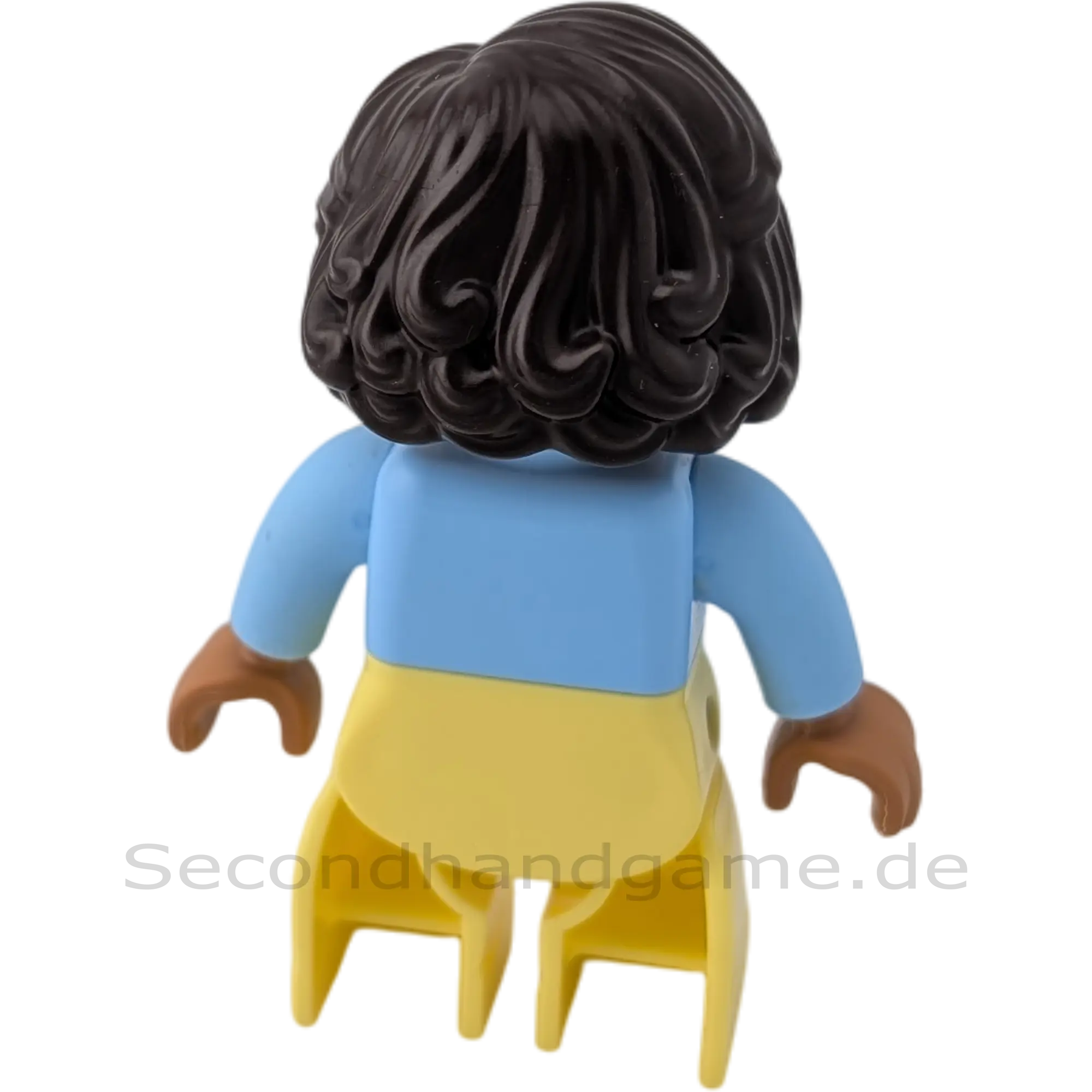 Lego Duplo 446H1 Frau mit hellblauer Jacke, gestreiftem Oberteil und gelber Hose, schwarze wellige Haare