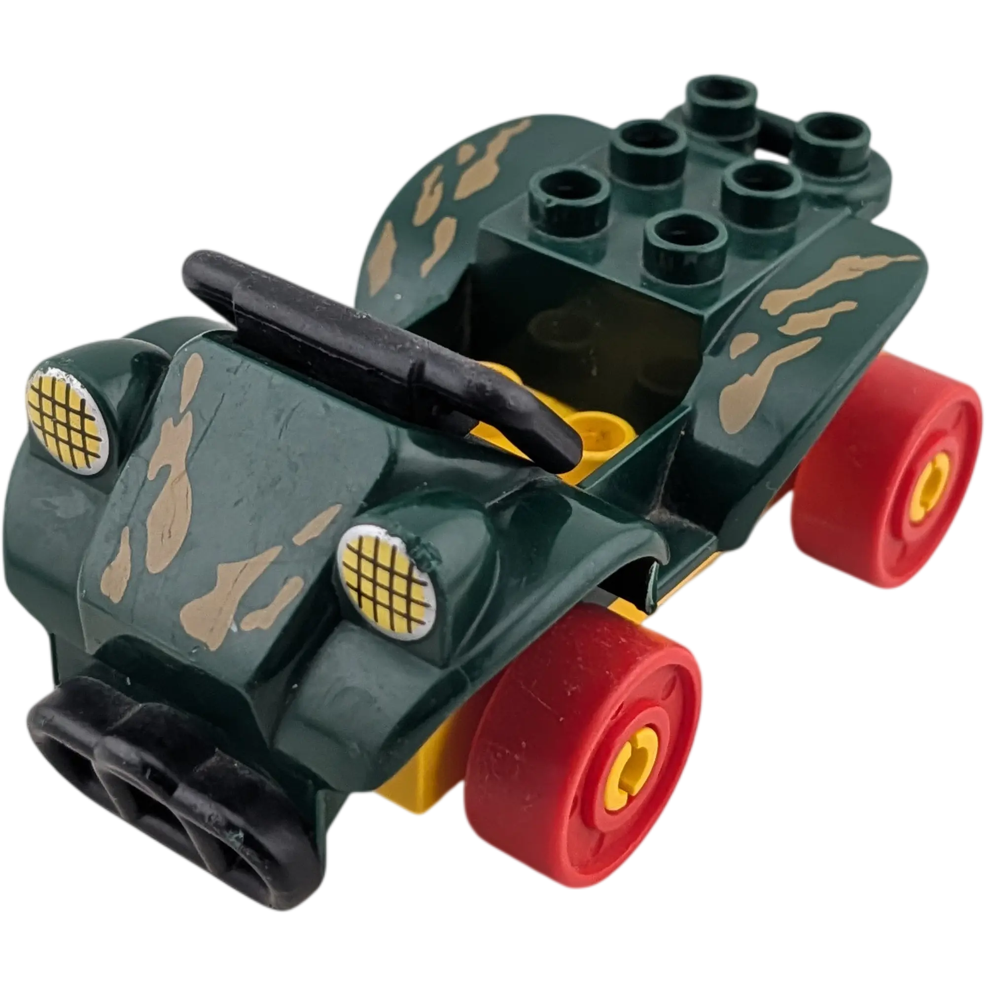 Lego Duplo 4506 Quad Dunkelgrün Kaki Tarnmuster auf gelbem Fahrgestell mit roten Rädern und Anhängerkupplung
