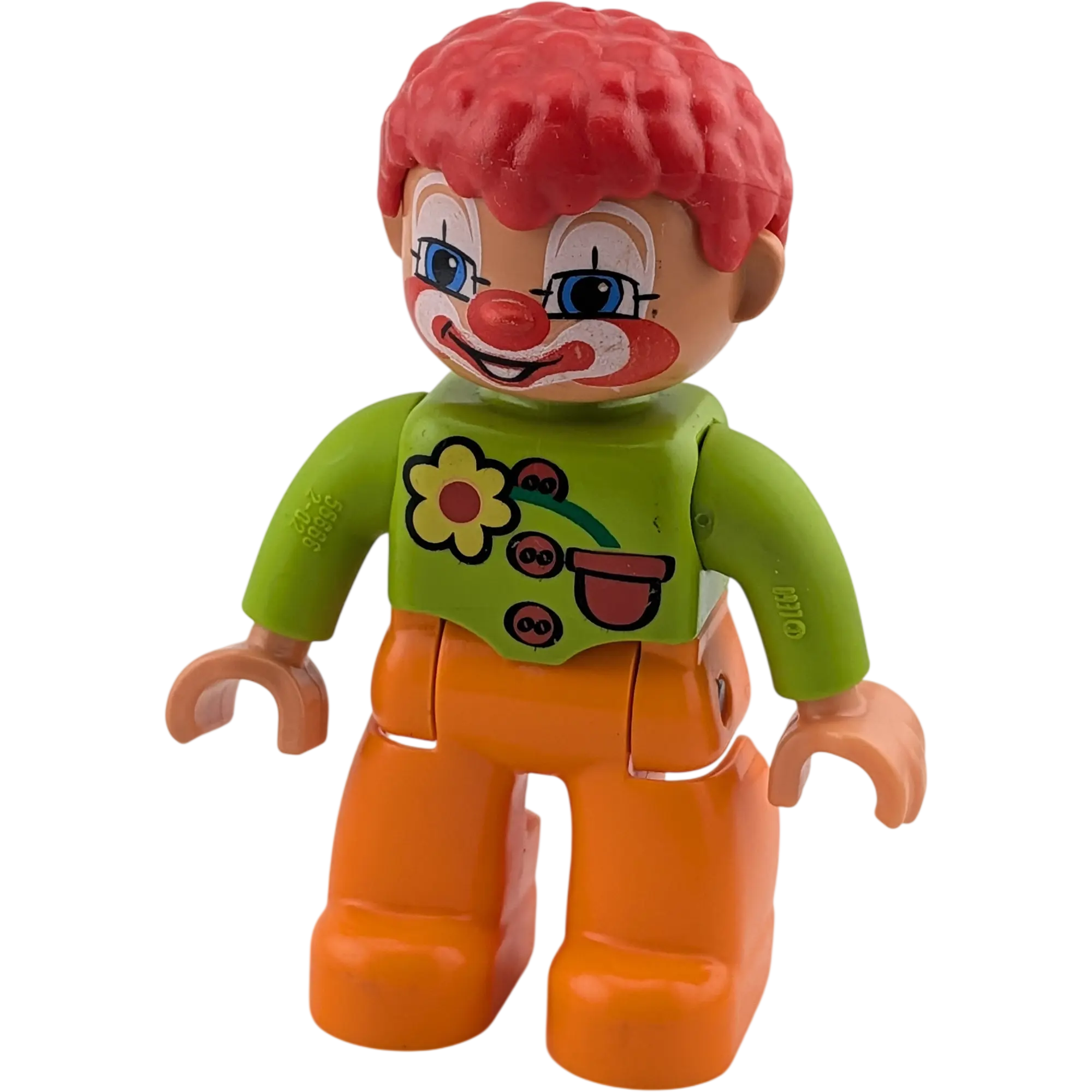 Lego Duplo Figur Clown rote Locken hellgrünes Oberteil mit Blume orange Hose Zirkus