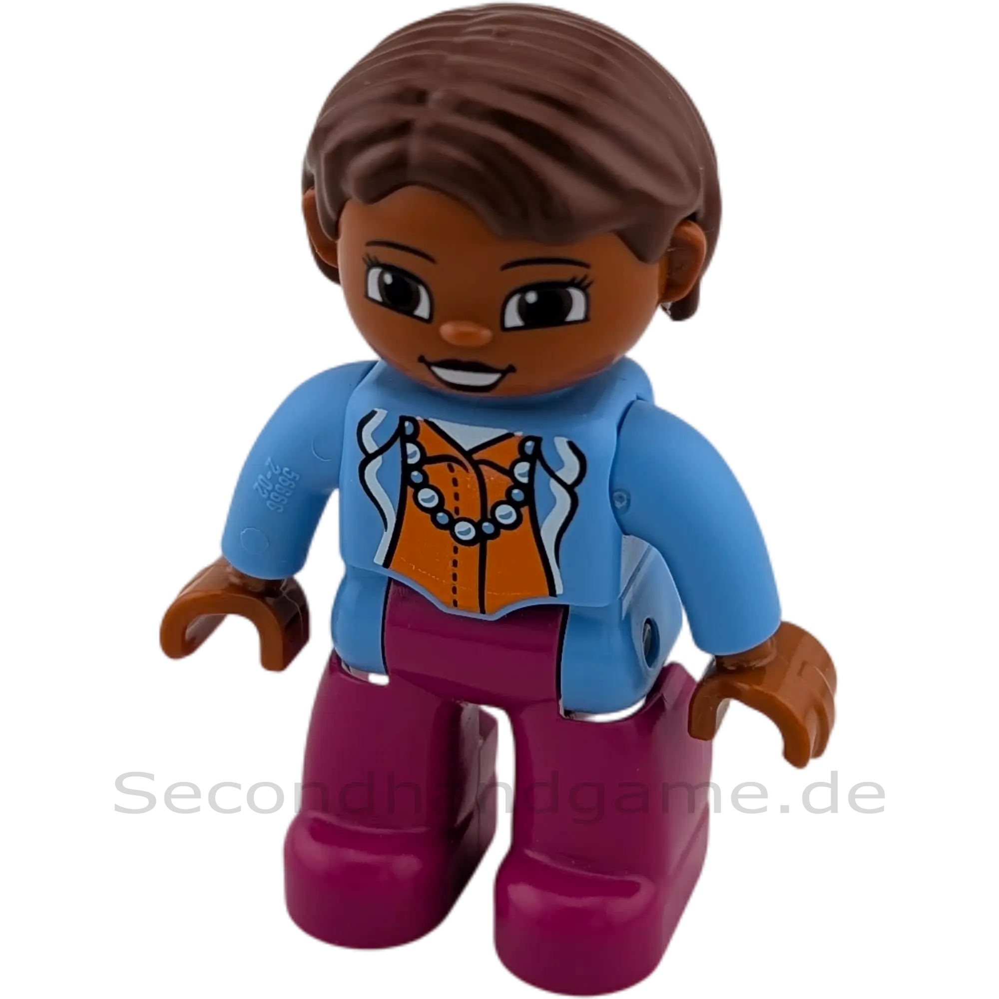 Lego Duplo 535H5 Frau mit braunen Haare, braune Hautfarbe, Hellblaue Bluse Kette, pinke Hose