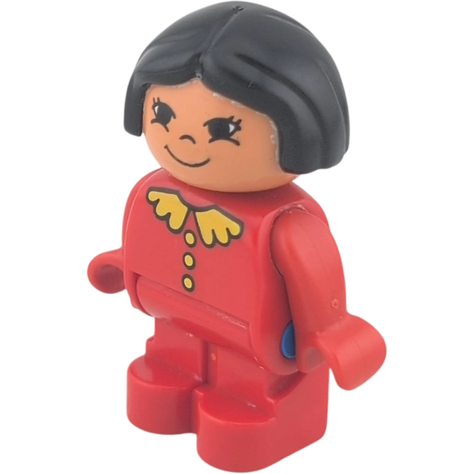 Lego Duplo Figur Mädchen Kleinkind schwarze kurze Haare roter Anzug gelber Kragen