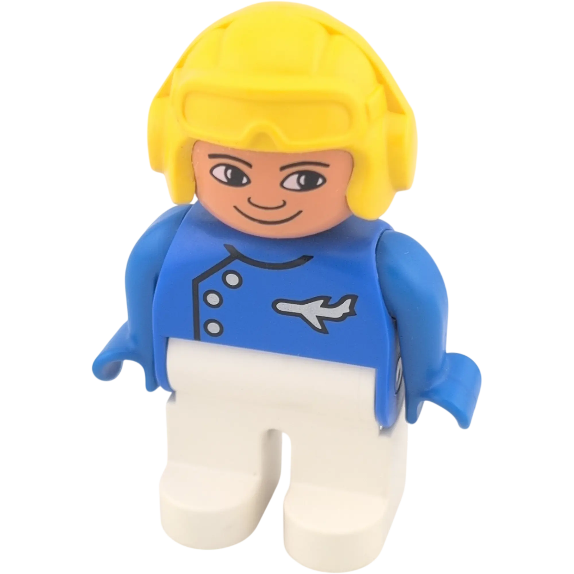 Lego Duplo Figur 4555 Pilot Uniform Blau Weiß mit Flugzeug Symbol und gelbem Pilotenhelm und Brille