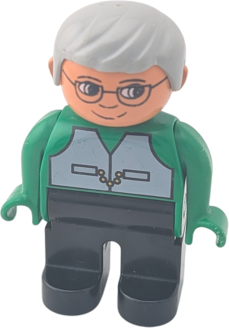 Lego Duplo Figur 4555 Großvater Opa mit grauen Haaren und grünem Pullover Graue Weste, schwarze Hose