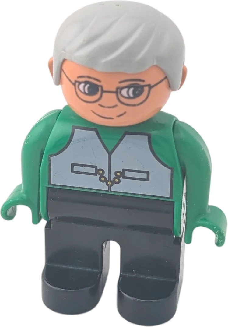 Lego Duplo Figur 4555 Großvater Opa mit grauen Haaren und grünem Pullover Graue Weste, schwarze Hose