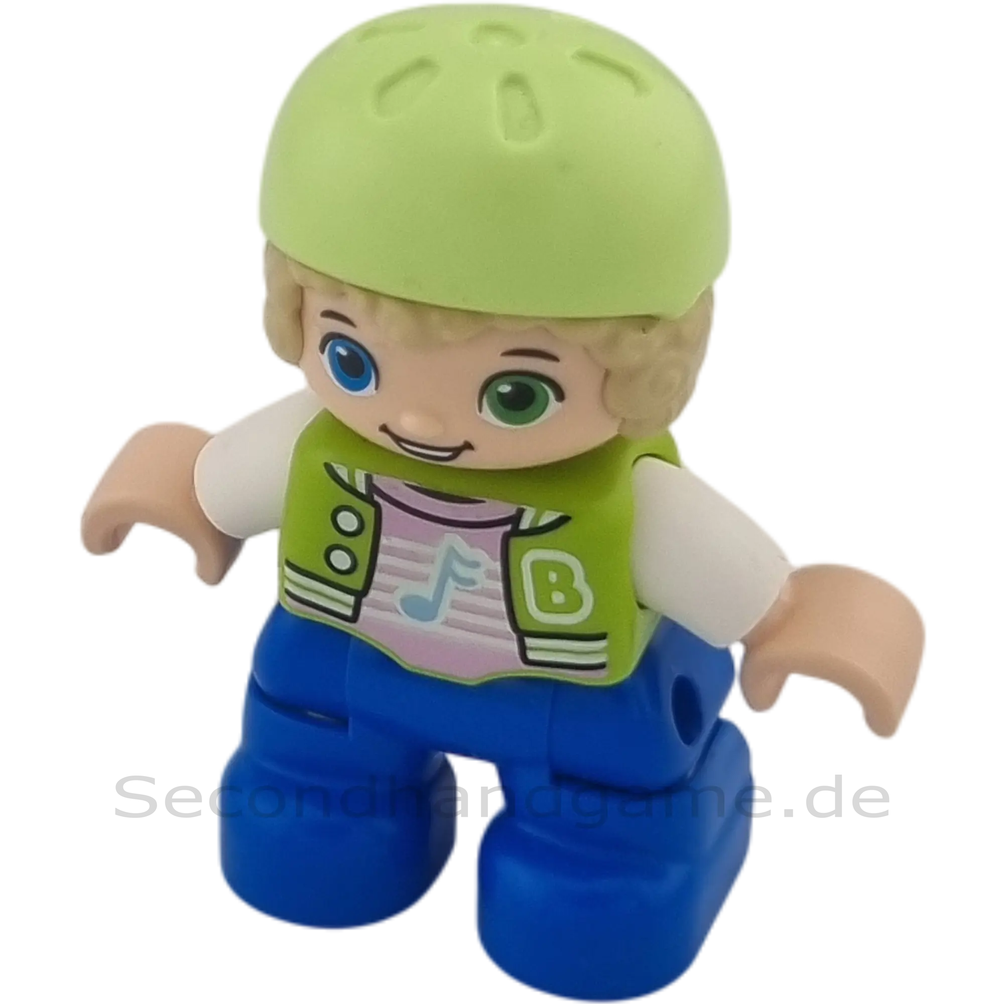 Lego Duplo Mädchen mit blonden Locken, Helm, grüne Jacke, Sweatshirt mit Note