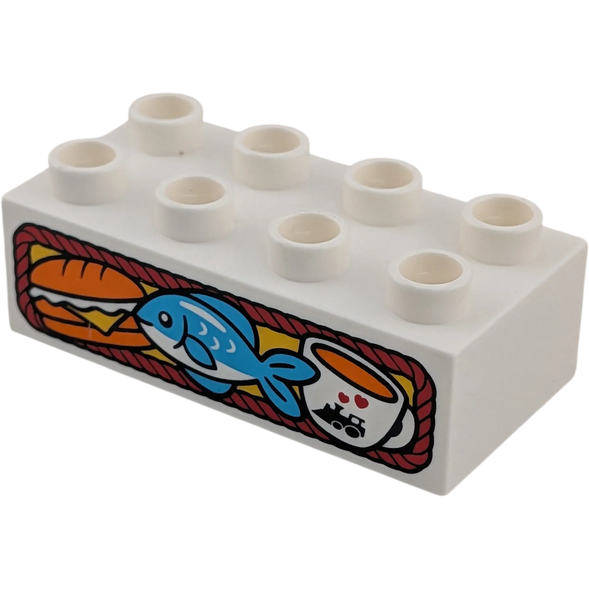 Lego Duplo 2x4 Stein 3011 Weiß bedruckt mit Burger Fisch und Tasse Kaffee Imbiss