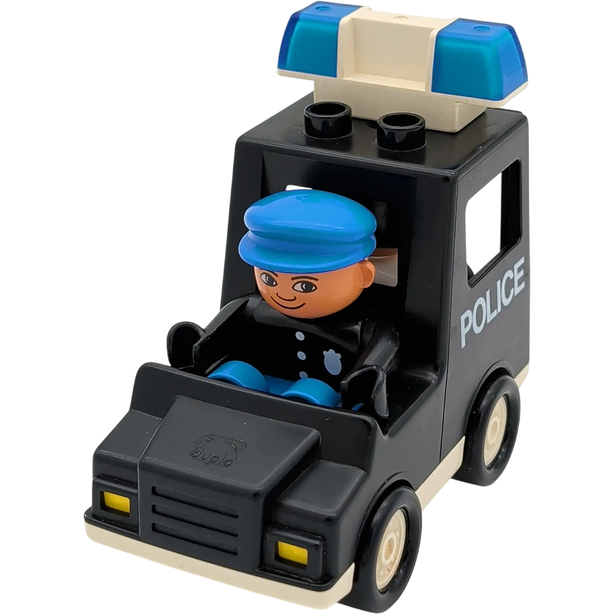 Lego Duplo Polizeiauto Schwarz Weiß Gefangenentransport mit Polizist und Verbrecher