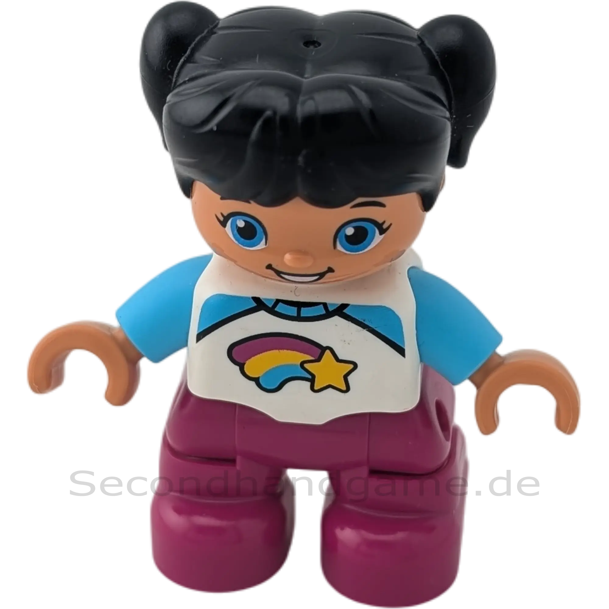 Lego Duplo 441H1 Mädchen Pulli mit Sternschnuppe und Regenbogen, pinke Hose, schwarze Zöpfe