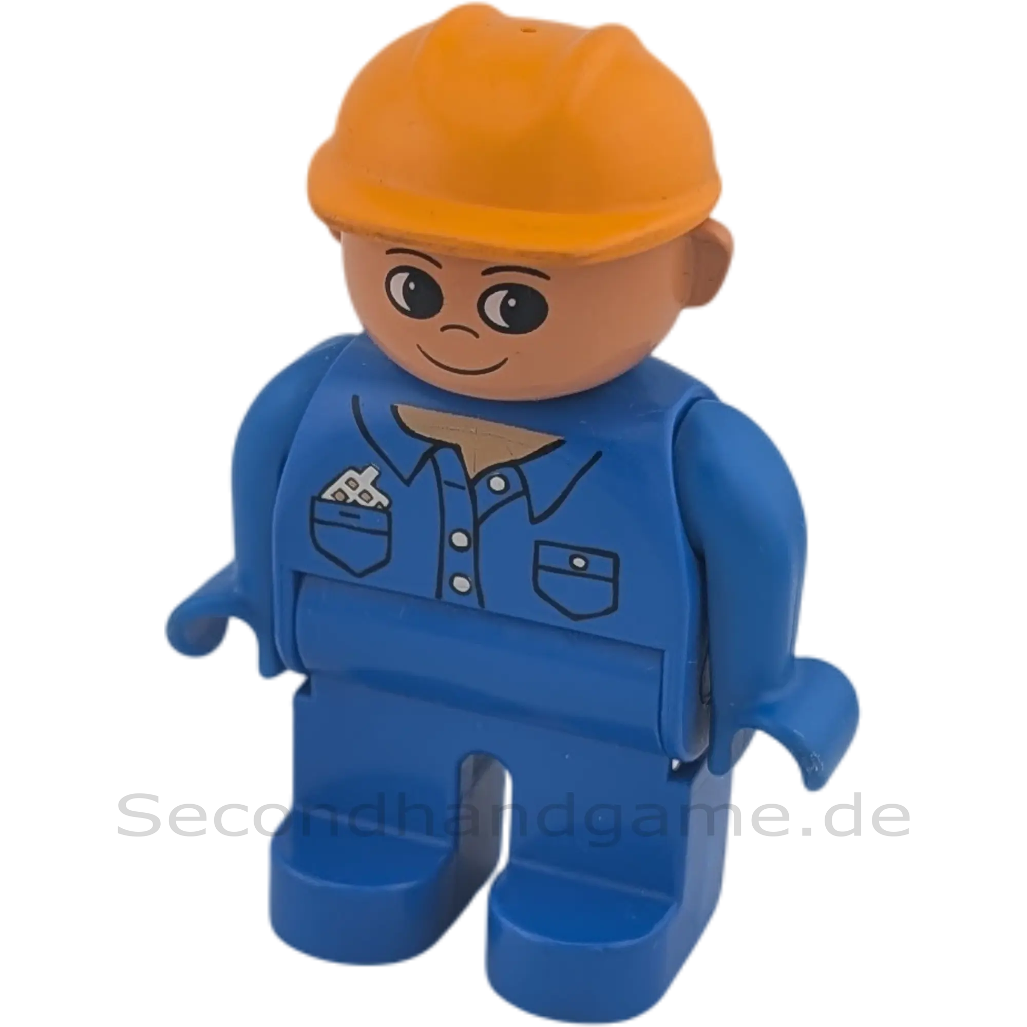 Lego Duplo 4555 Bauarbeiter im Blauman mit orangenem Helm mit Handy in der Brusttasche, Cargo Aufdruck
