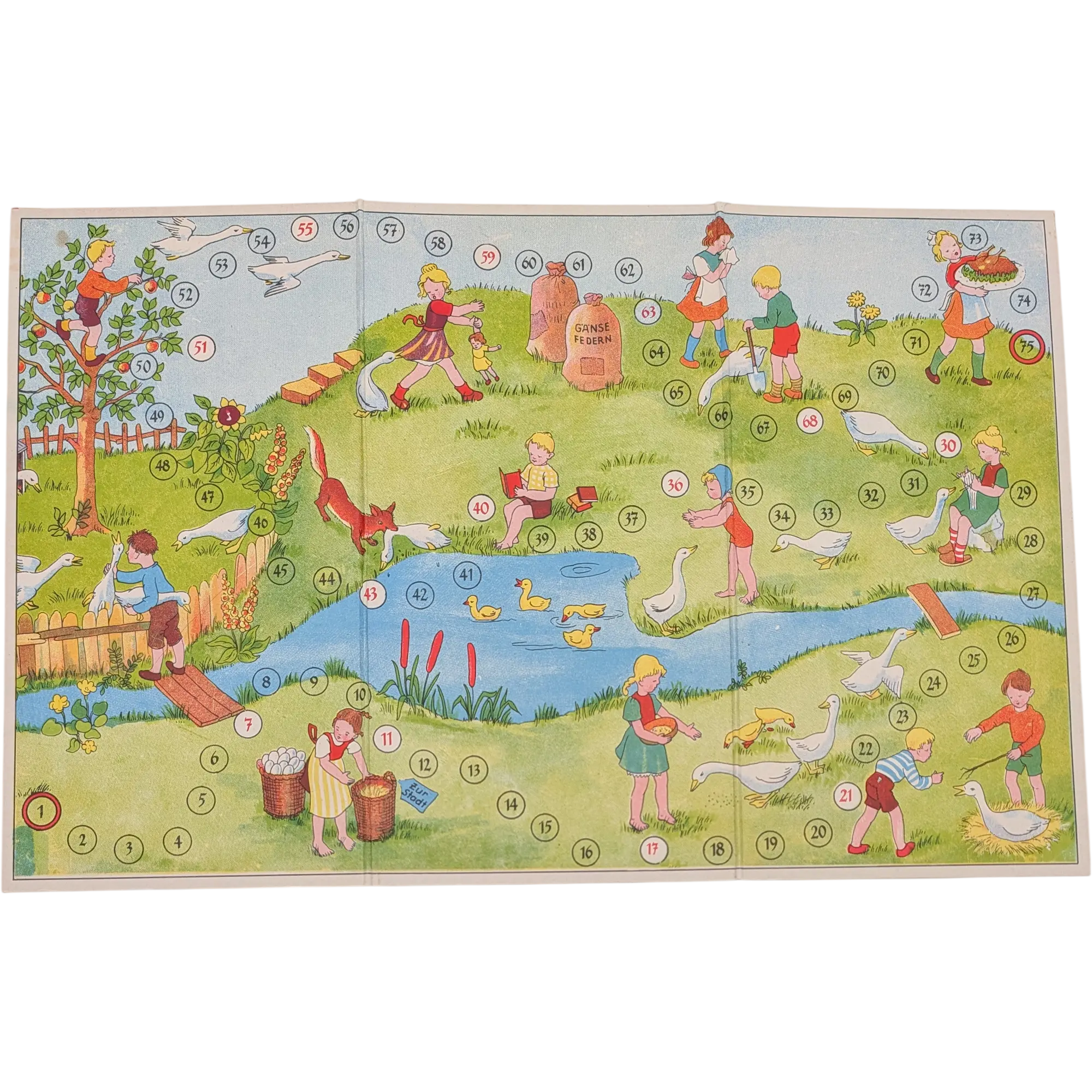 Spielplan Spielbrett Gänsespiel 75 Felder Vintage mit Kindern Gänsen Enten und Fuchs einseitig bedruckt