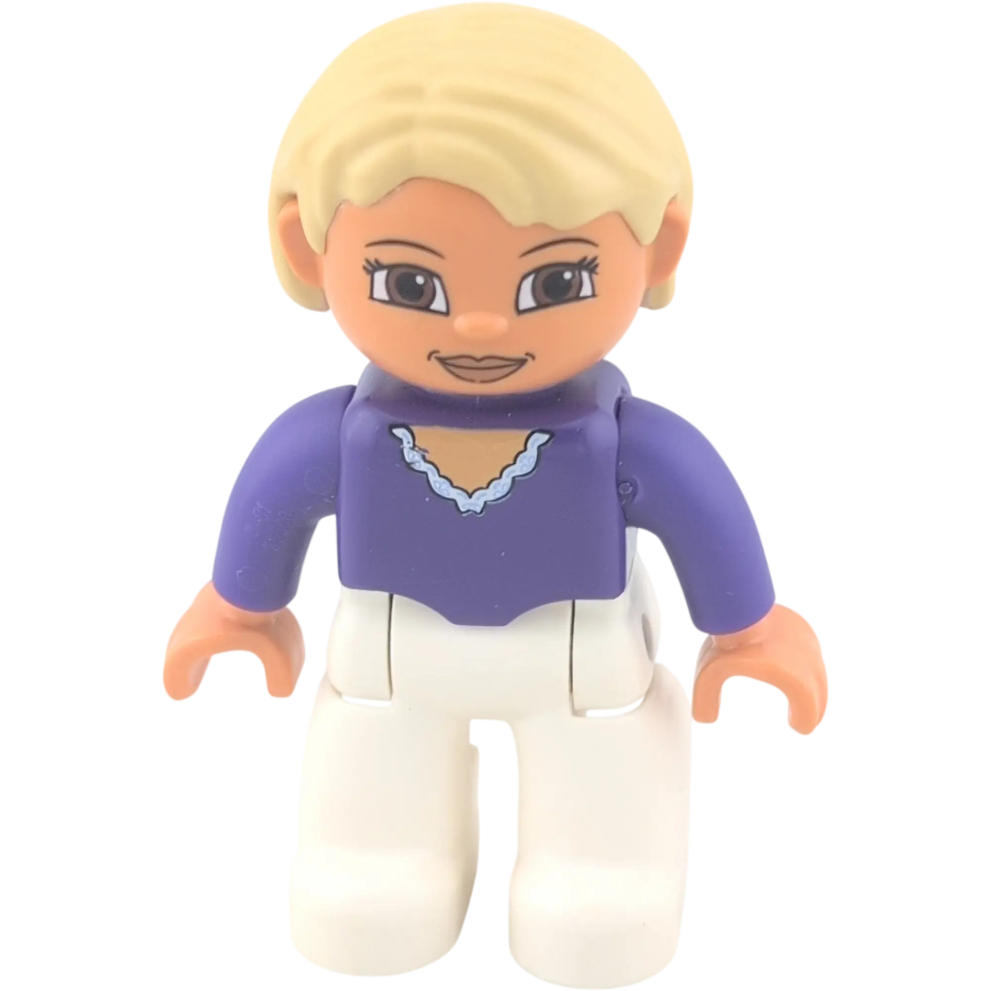 Lego Duplo Frau blonde Haare, weiße Hose, lila Oberteil