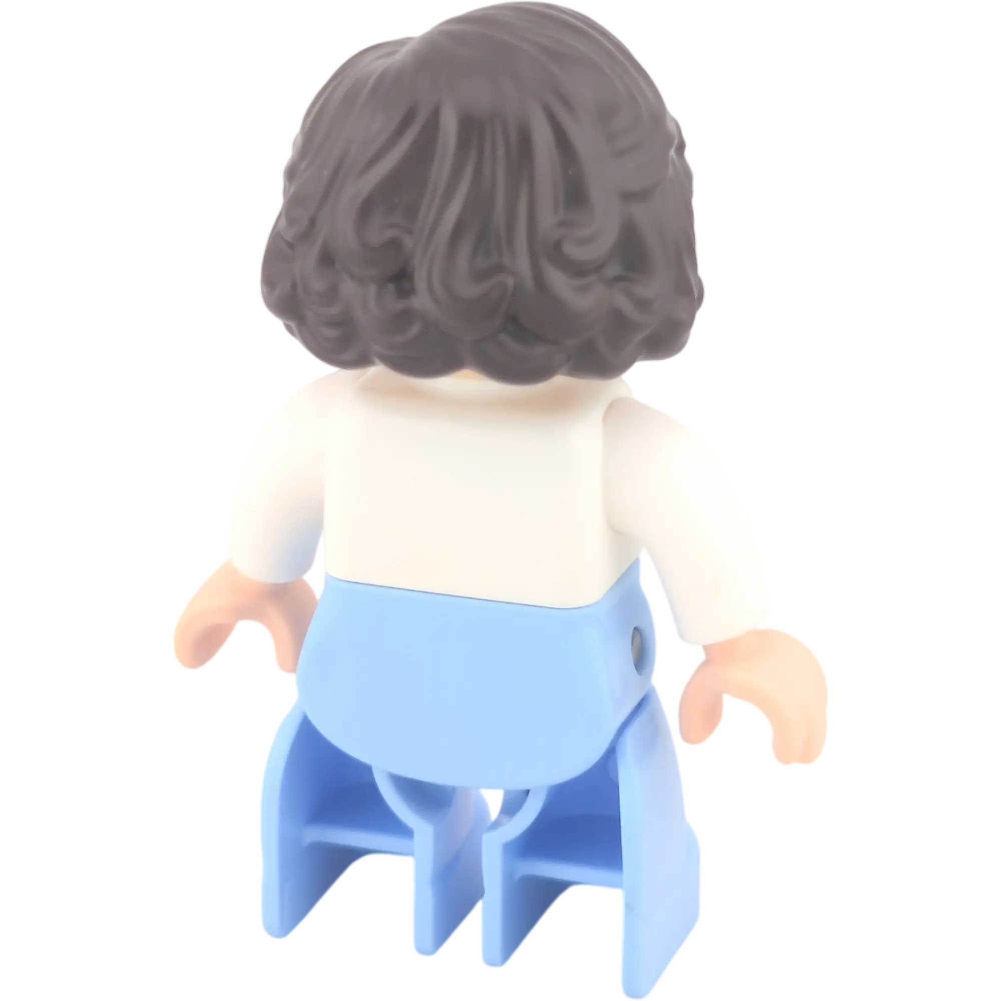 Lego Duplo 517H1 Frau mit welligen braunen Haaren, helle Haut, blaue Latzhose und pinkes Halstuch