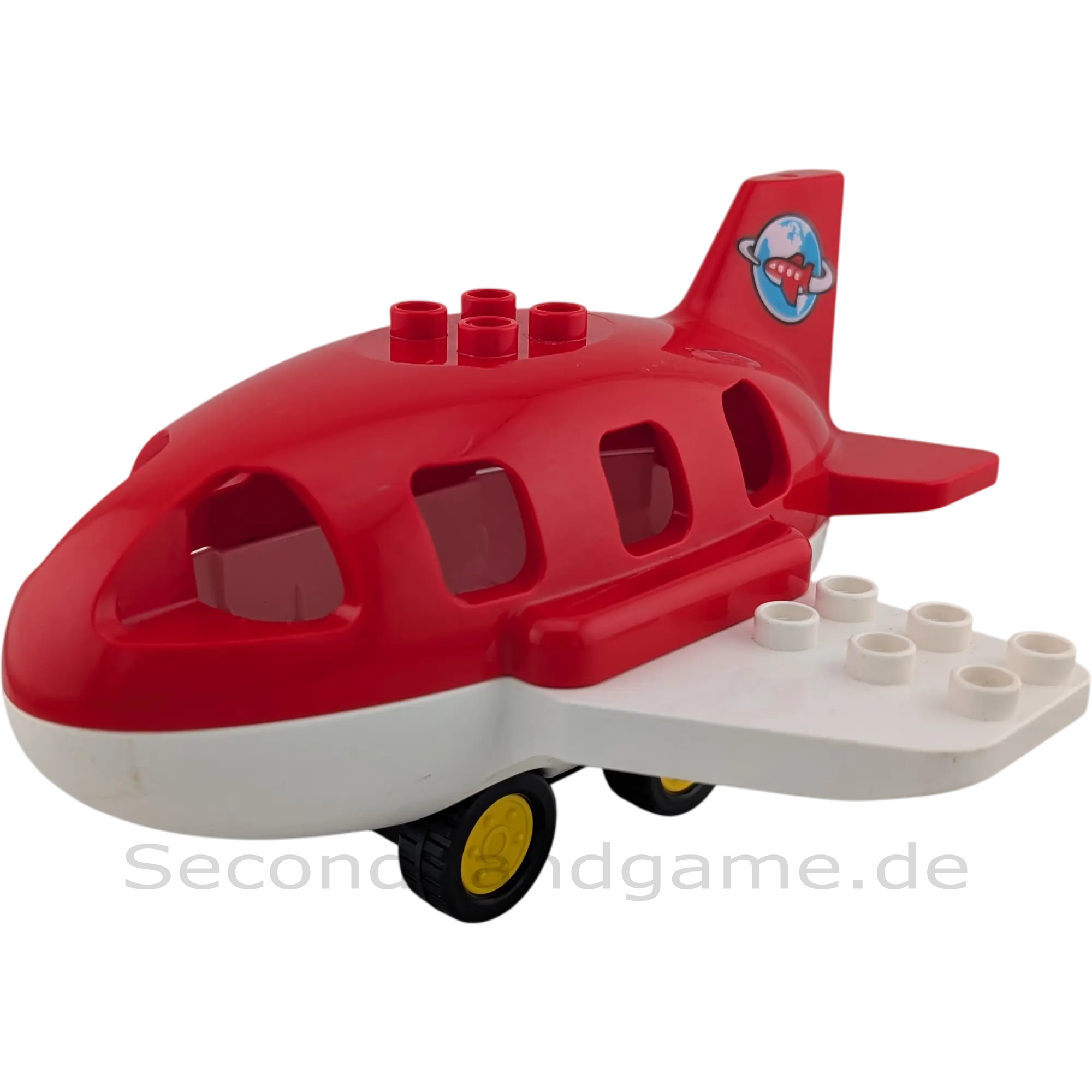 Lego Duplo Flugzeug Rot Weiß mit Erde auf dem Heck mit gelben Rädern