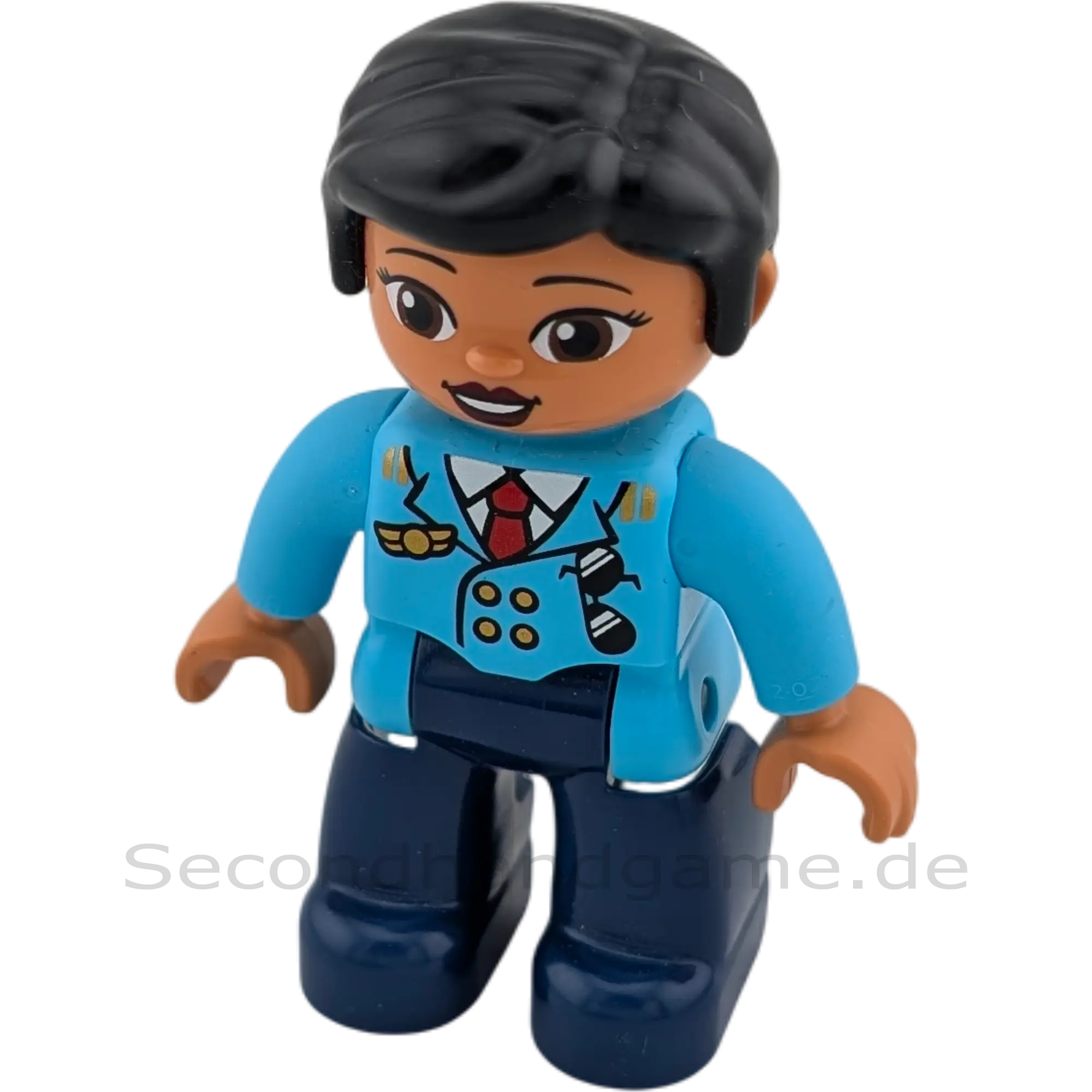 Lego Duplo 134H0 Frau Pilotin mit blauer Uniform, schwarzem Zopf, Lippenstift schwarze Sonnenbrille