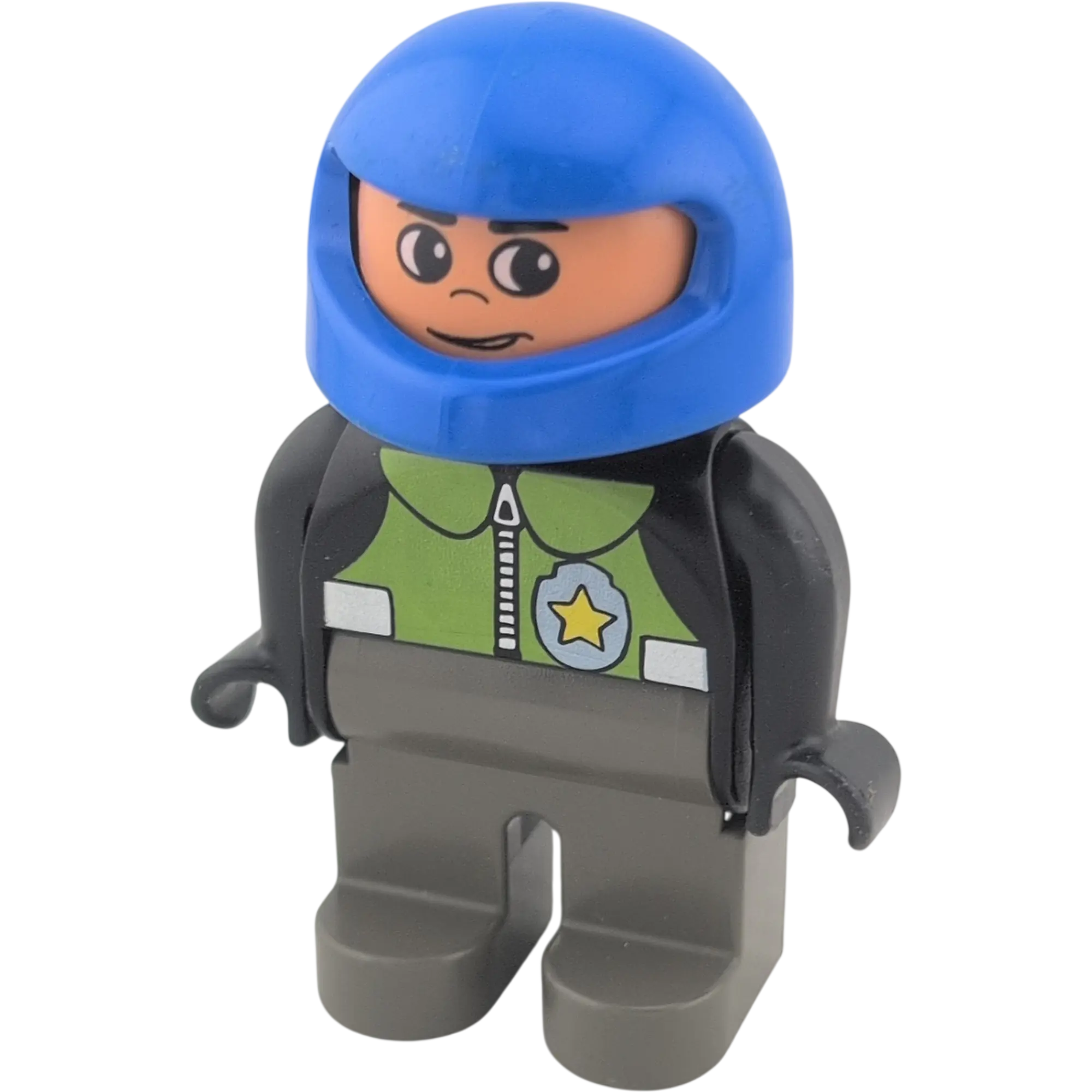 Lego Duplo Mann Polizist schwarze Jacke mit Sheriffstern, graue Hose, blauer Motorradhelm