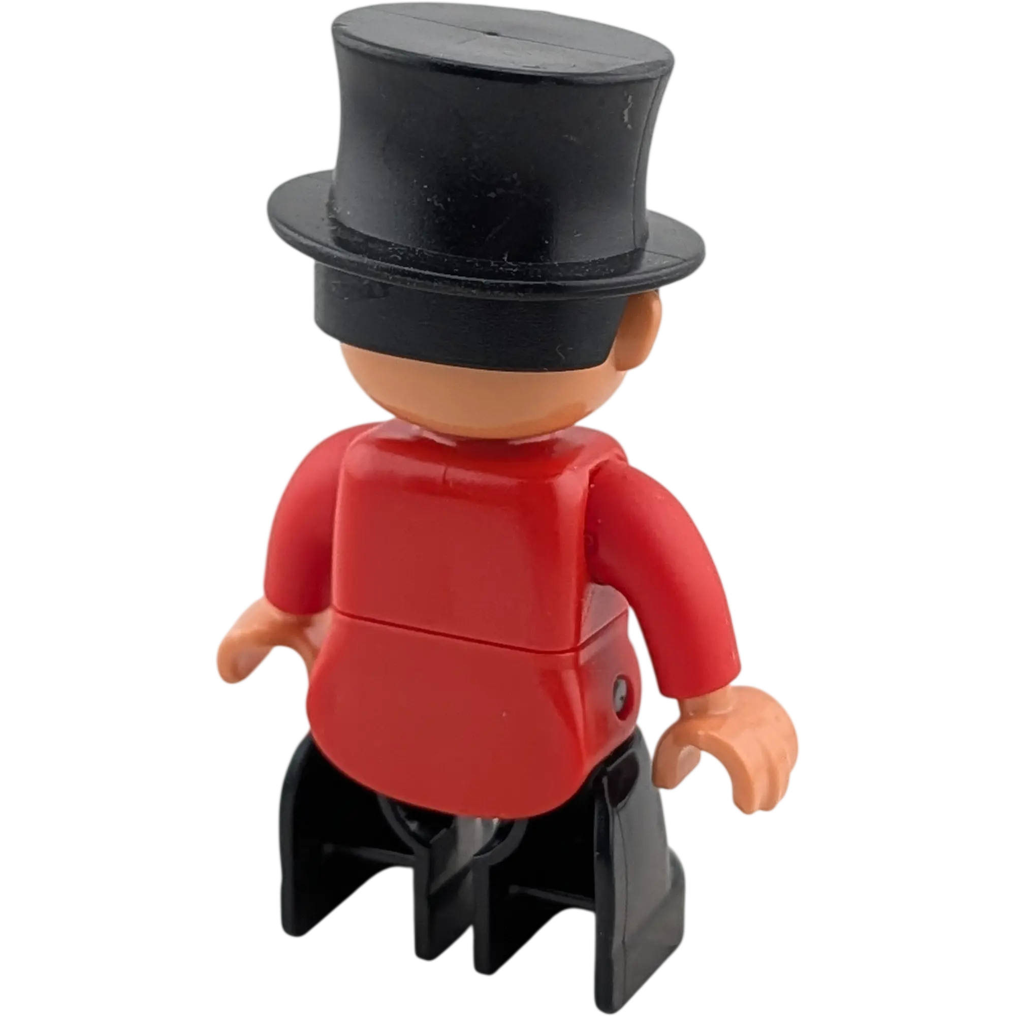 Lego Duplo Figur Mann Zirkusdirektor schwarzer Zylinder grauer Schnurrbart roter Frack weiße Weste Fliege schwarze Hose, Ansicht 2