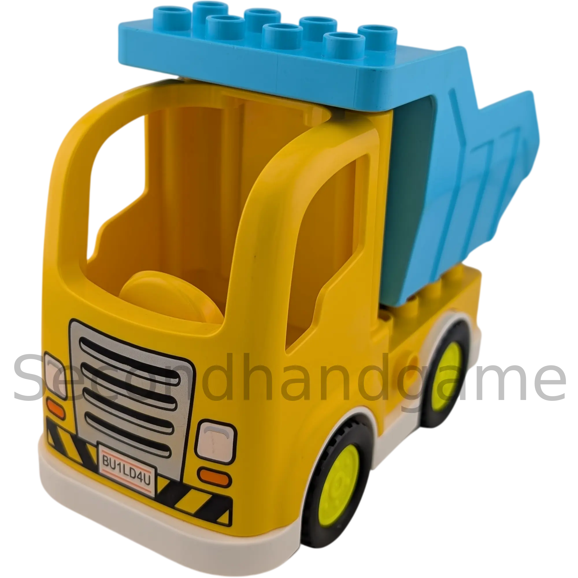 Lego Duplo Lastwagen Gelb Weiß mit neongelber Felge und blauer Container kippbar