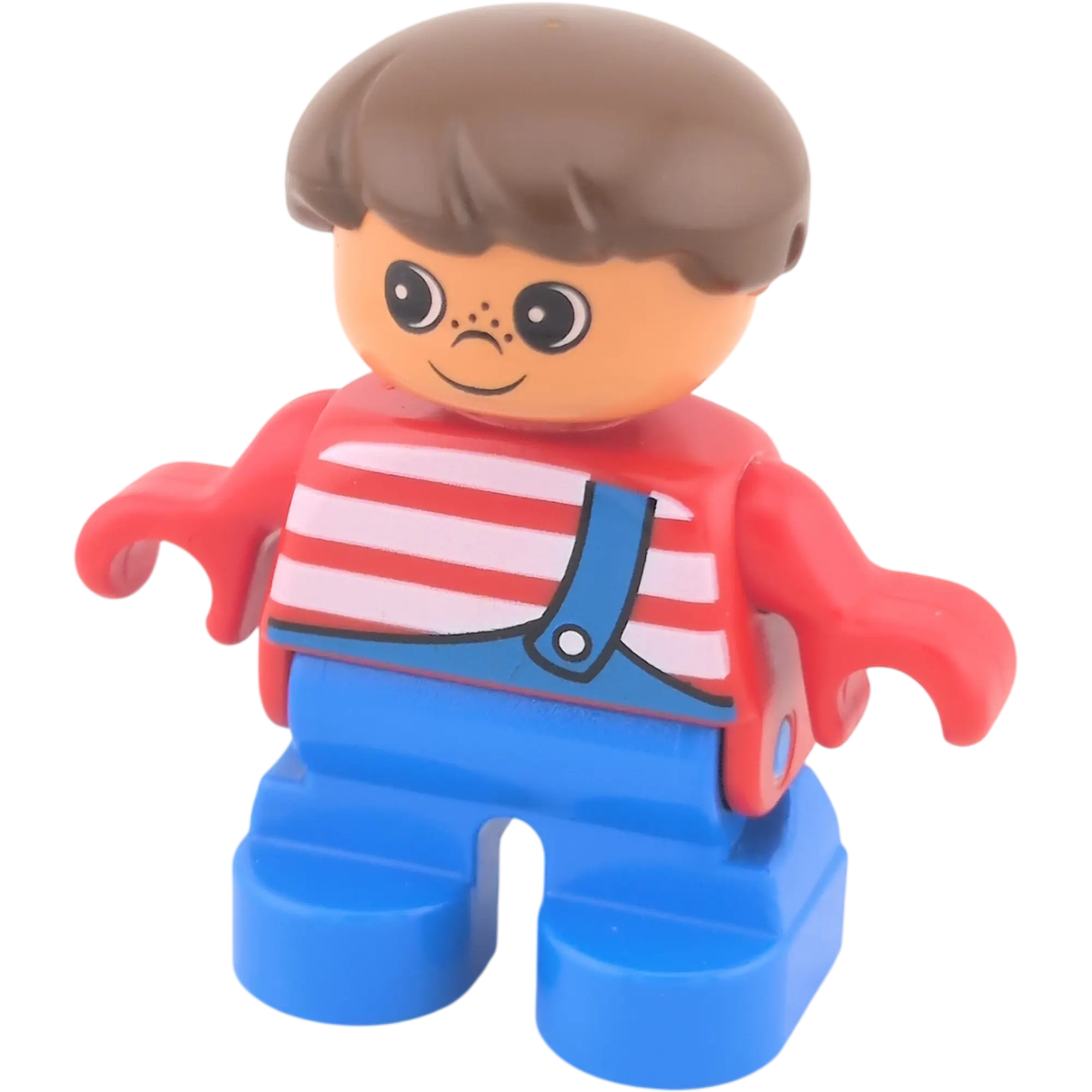 Lego Duplo Junge braune Haare, mit Latzhhose Shirt Rot Weiß Sommersprossen