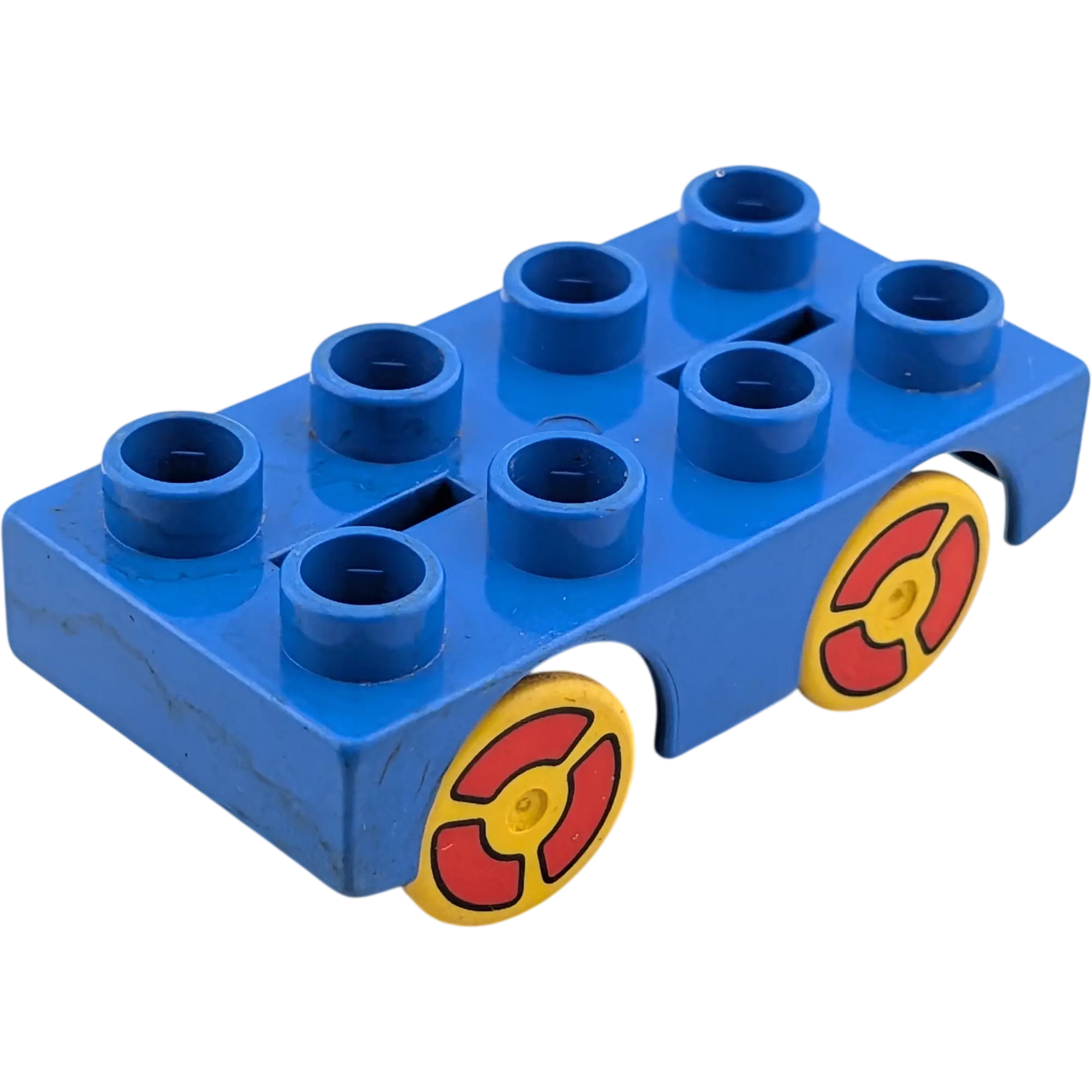 Lego Duplo Auto Fahrzeug Unterteil 2x4 Blau mit 2 Schlitzen und gelb-roten Rädern alte Version, Ansicht 2