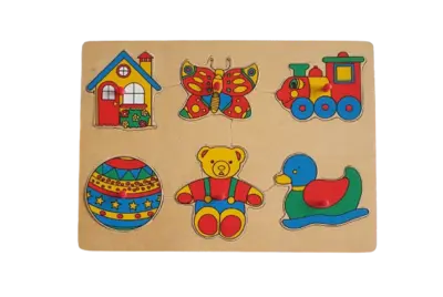 Holzpuzzle mit Griff Haus, Schmetterling Lokomotive