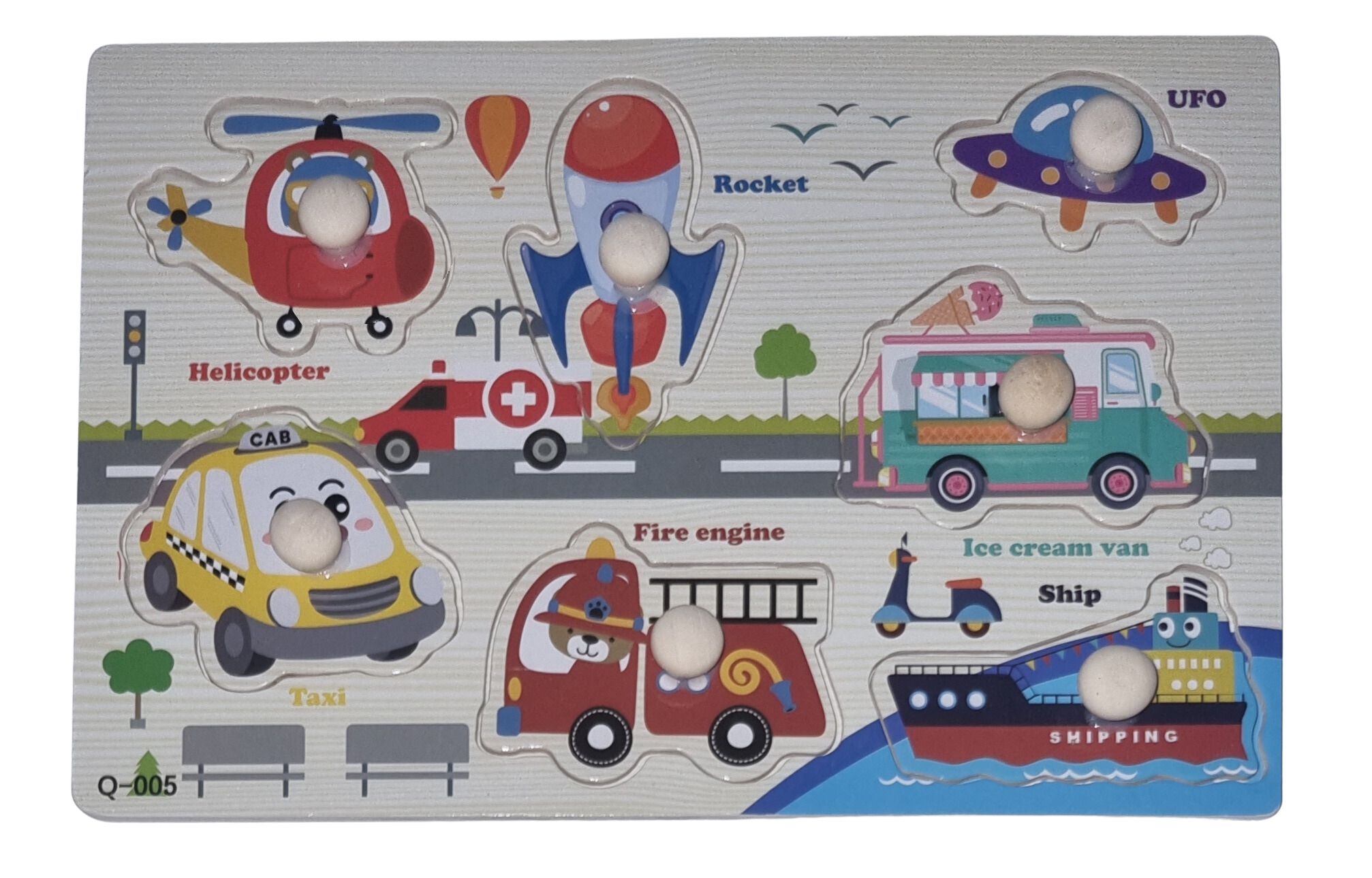 Holzpuzzle mit Griff 7 Teile Fahrzeuge Luft und Land