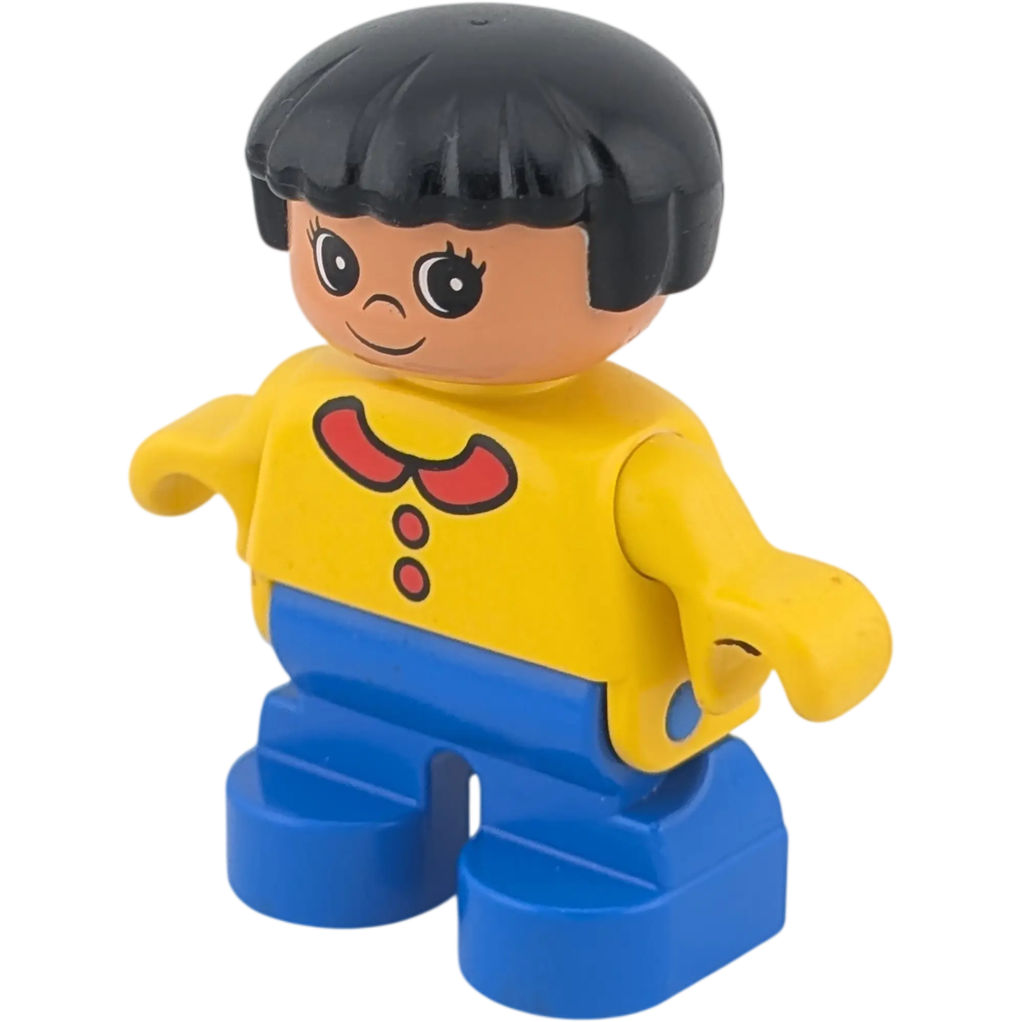 Lego Duplo Figur Mädchen schwarze kurze Haare gelbe Bluse roter Kragen blaue Hose
