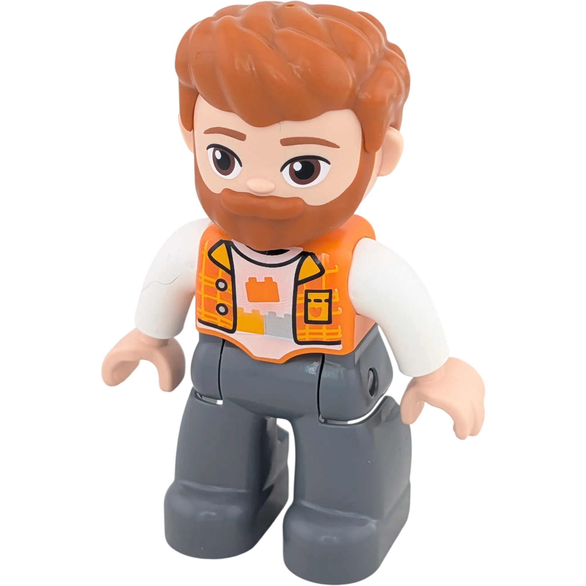 Lego Duplo 47394 Mann mit hellbraunen Haaren, Bart, orangene Weste hellblaues Oberteil mit Lego Steinen