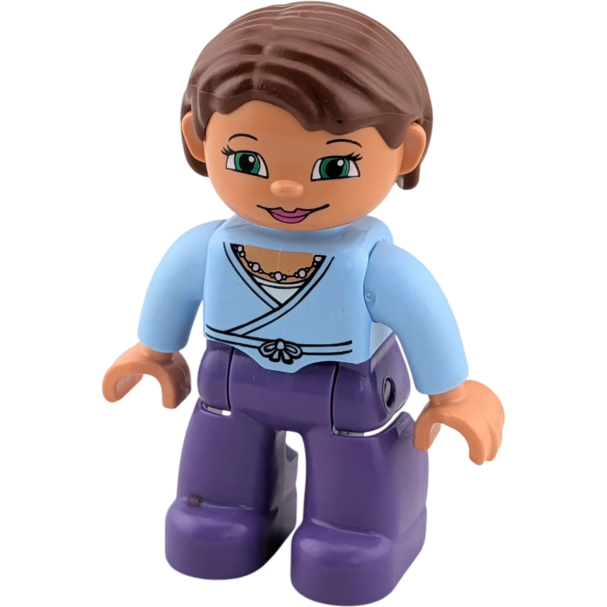 Lego Duplo Frau mit kurzen braunen Haaren hellblaues Oberteil, Kette, Lila Hose