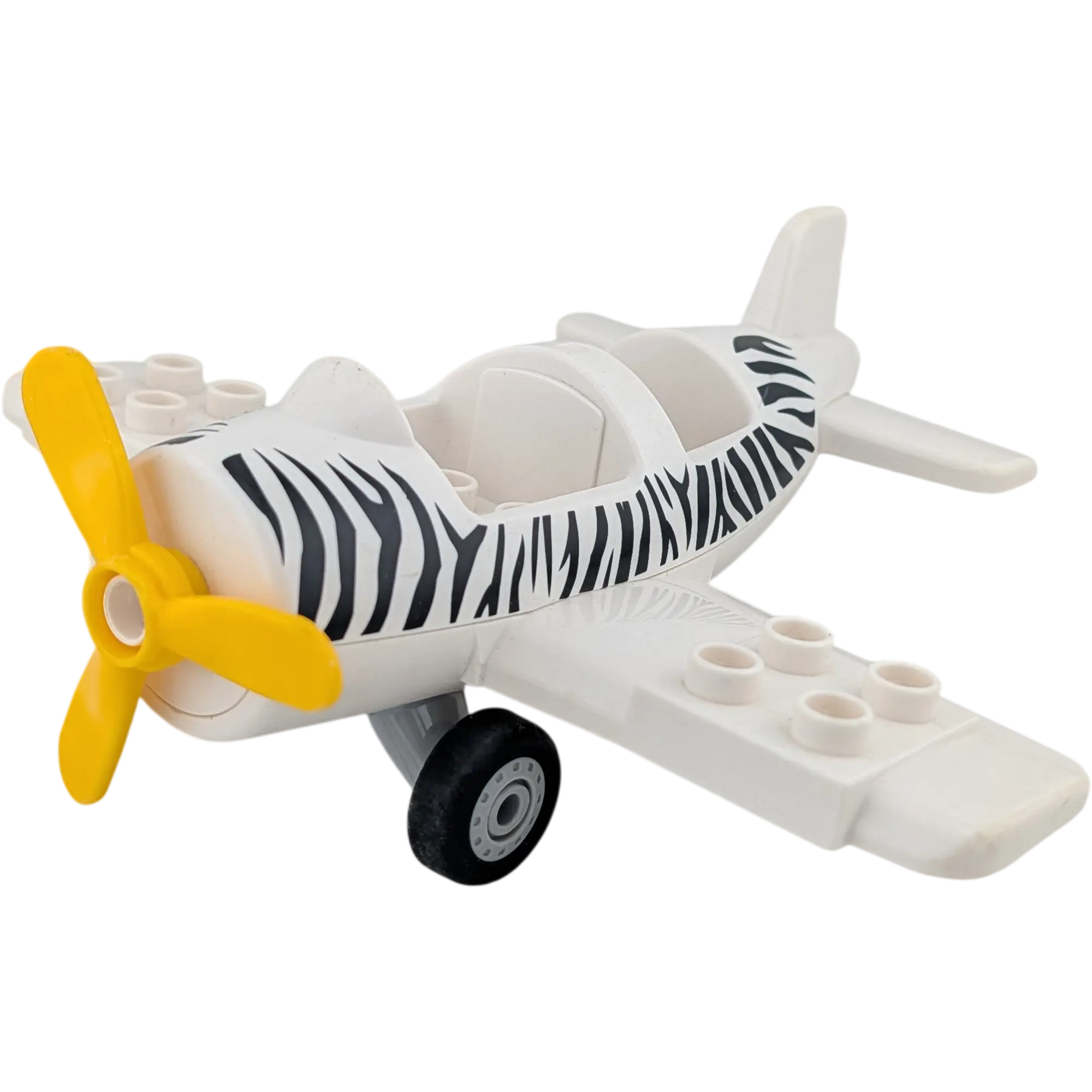 Lego Duplo Flugzeug Weiß Schwarz Zebra Safari mit Rädern gelber Propeller