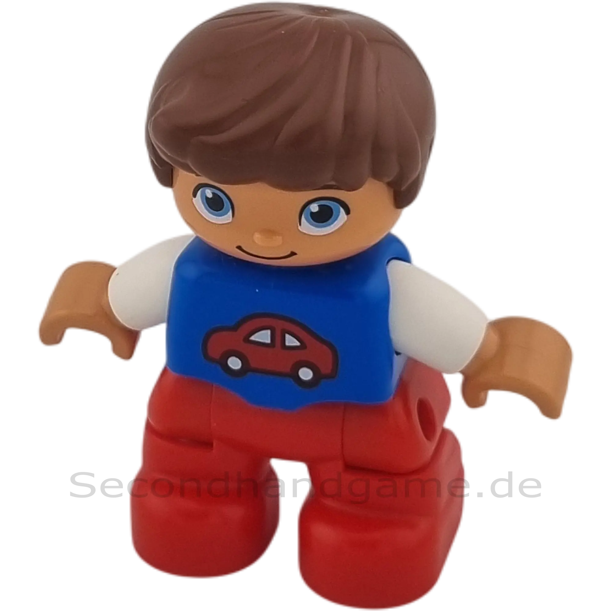 Lego Duplo Junge mit Autopulli und roter Hose, brauner Haare