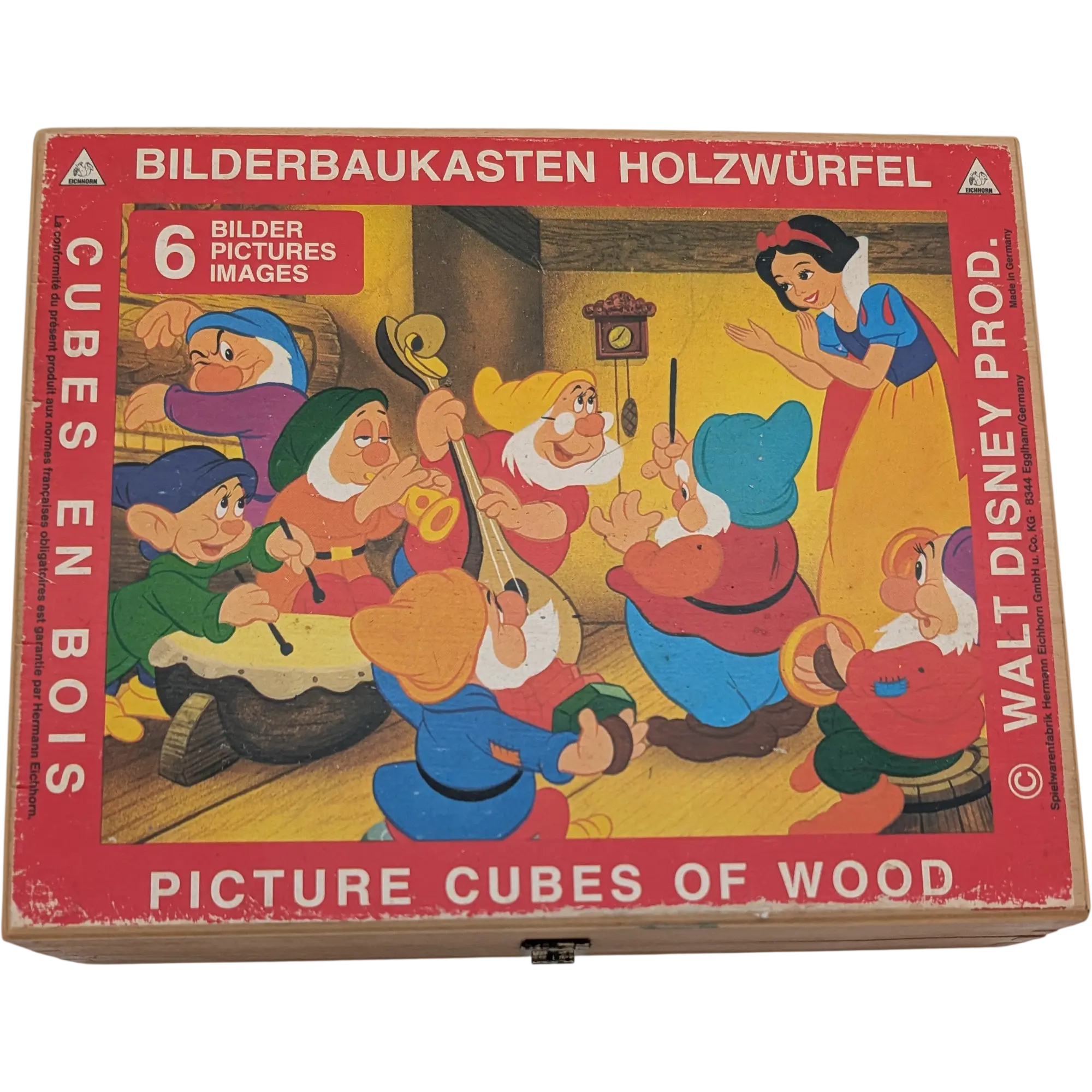 Eichhorn Bilderbaukasten Holzwürfel Walt Disney Schneewittchen und die sieben Zwerge 6 Bilder Vintage