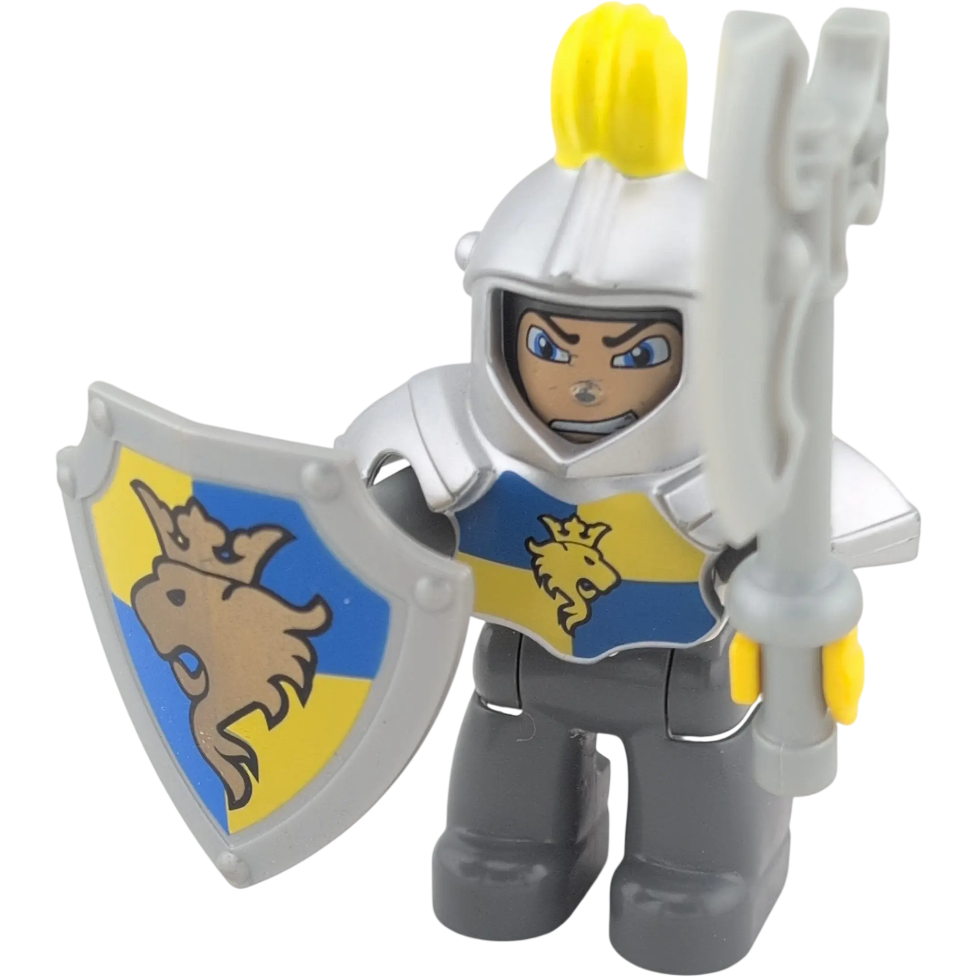 Lego Duplo Mann Ritter mit Helm Löwe Gelb Blau mit Helm, Schutzschild und Axt