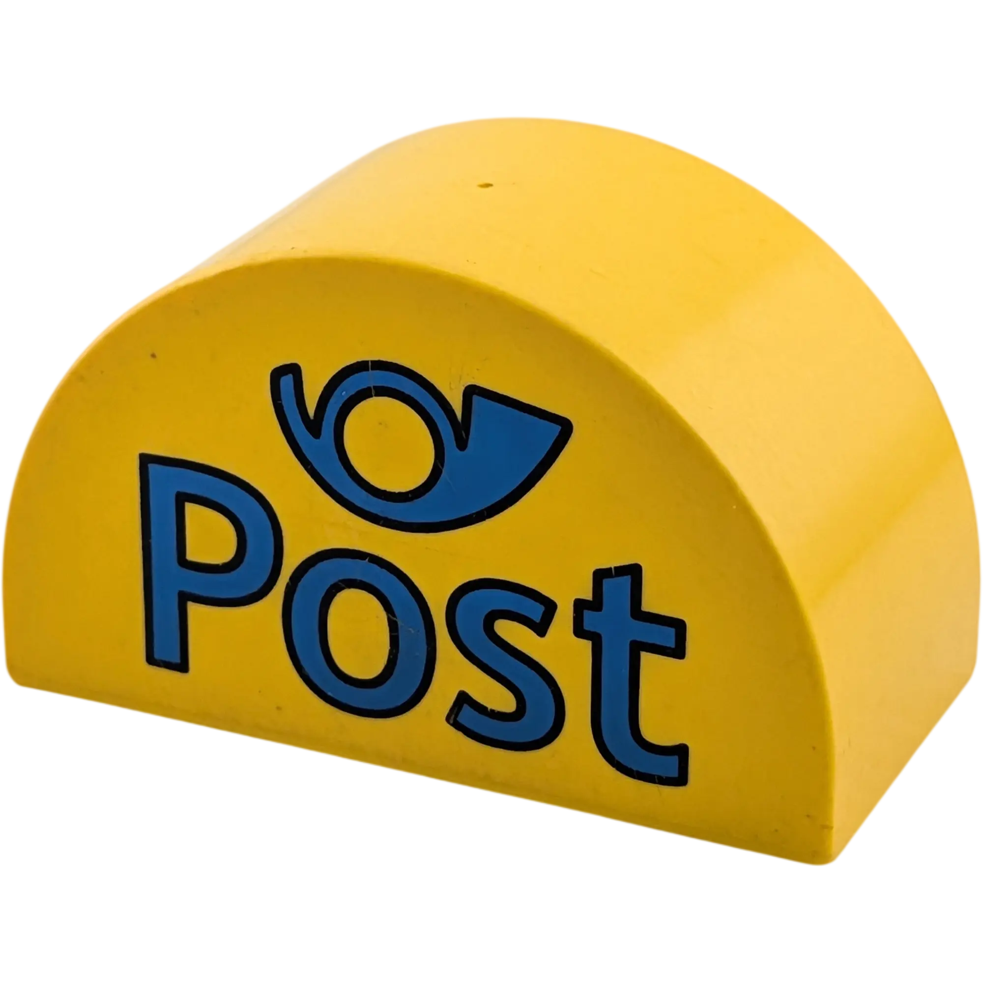 Lego Duplo Stein Gelb 2x4 Halbkreis, bedruckt mit Post und Postsymbol Horn