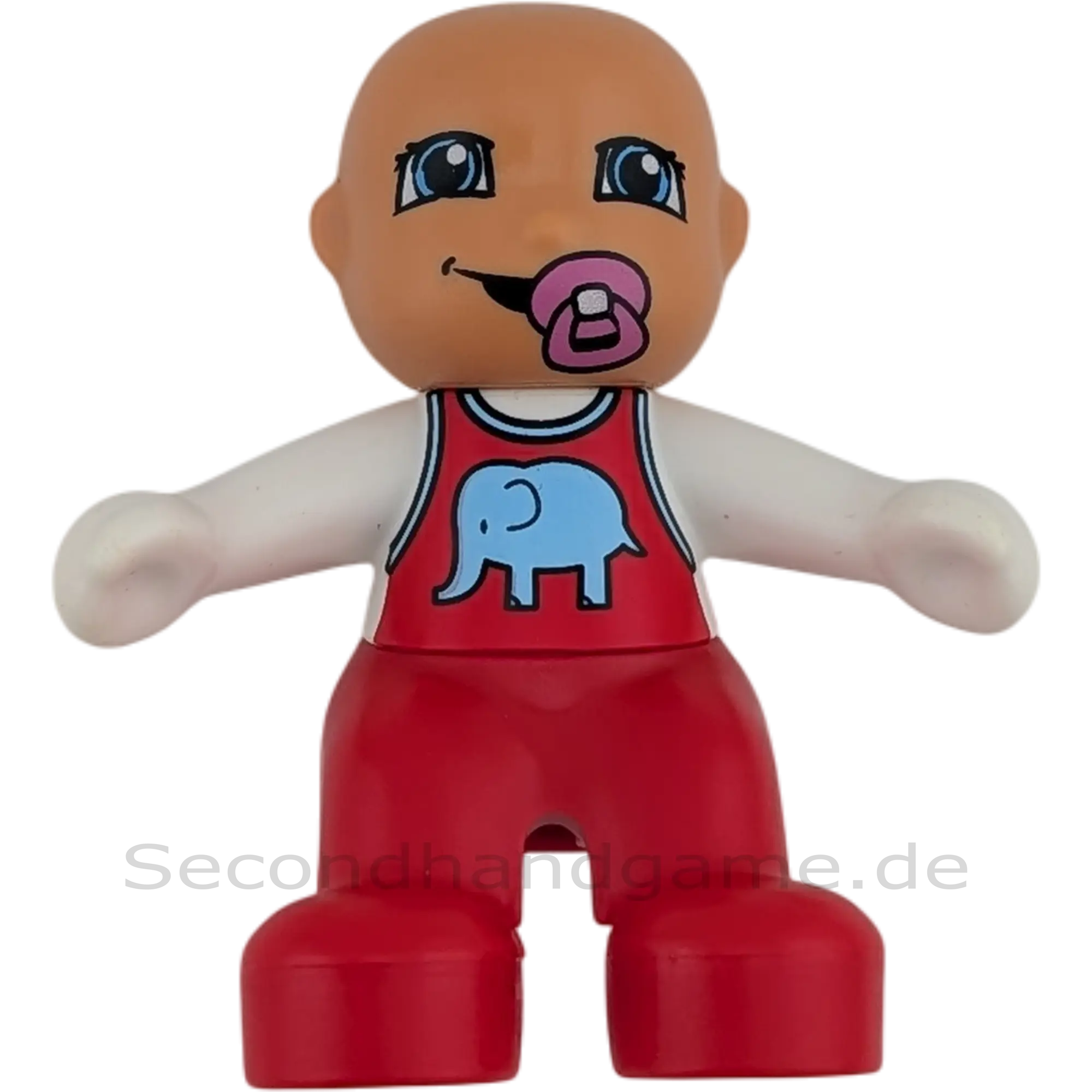 Lego Duplo Baby Mädchen mit rotem Strampler mit Elefant und pinkem Schnuller