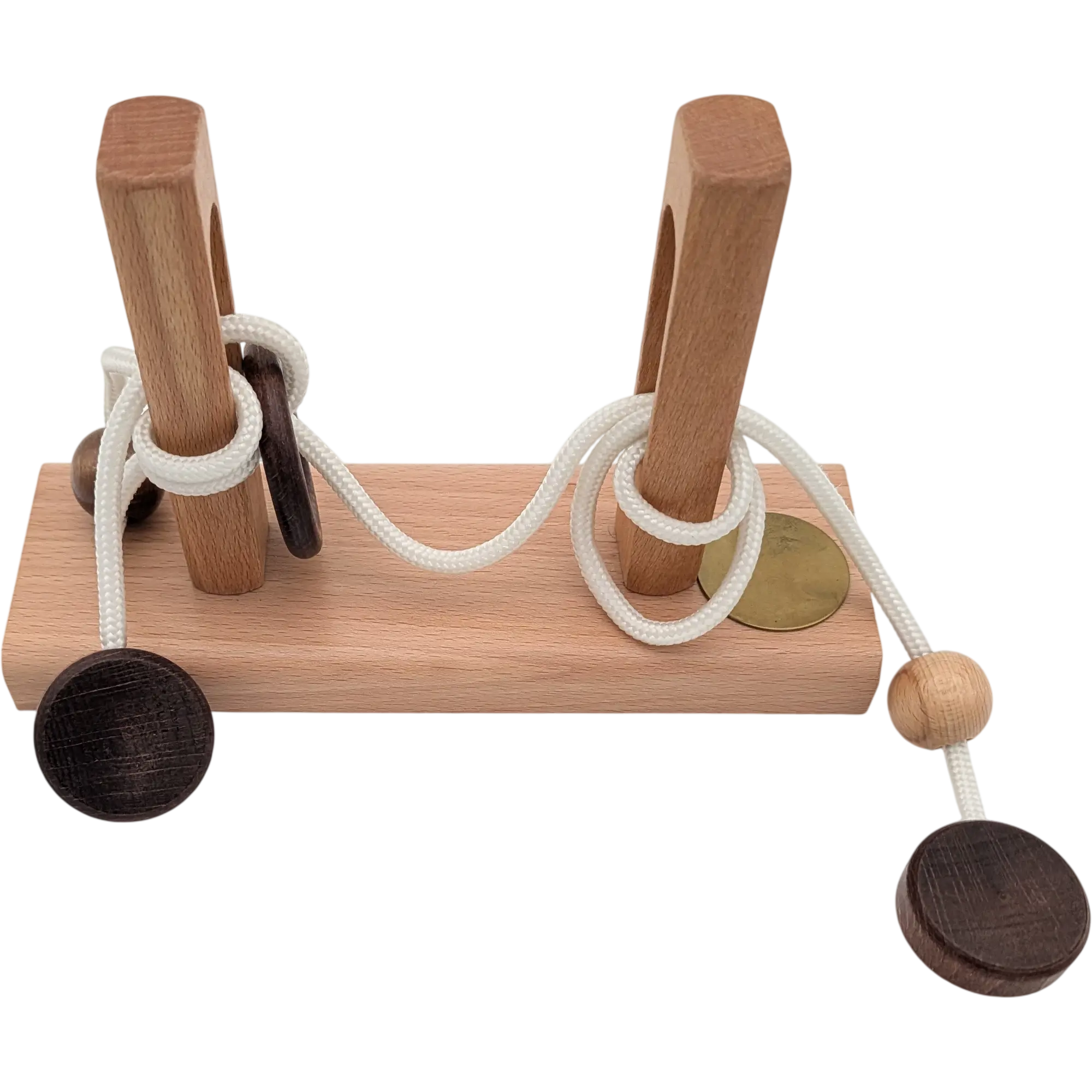 Holzspiel Geduldspiel Seilpuzzle Knobelspiel mit Kordel, Ring, Kugel und Holzscheiben, Ansicht 3