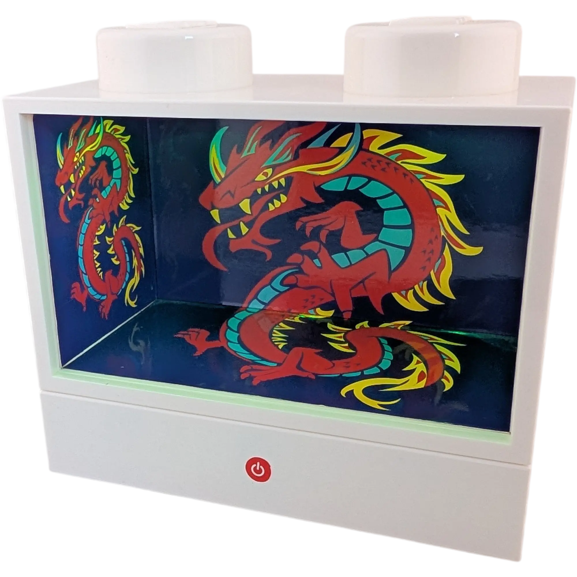 Lego Vitrine Nachtlicht für Minifiguren im Baustein-Design mit LED-Farbwechsel Drachen-Motiv Weiß