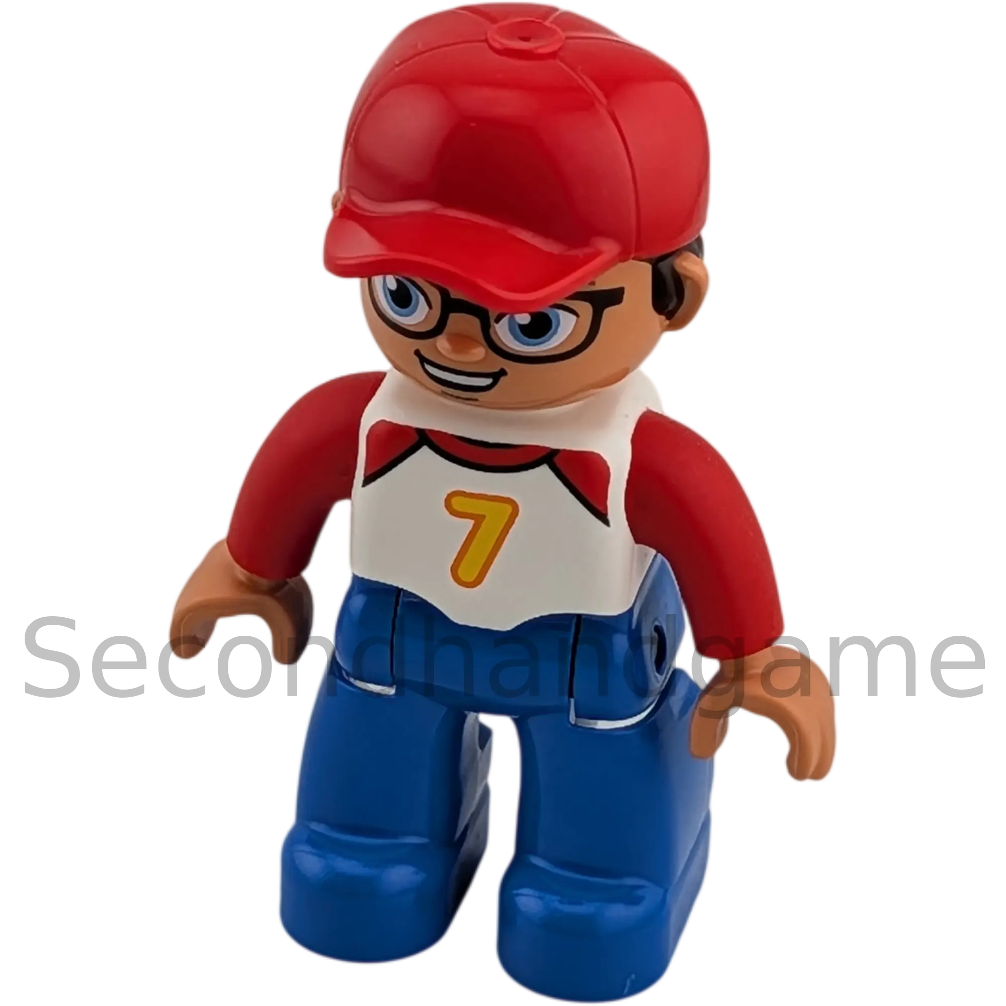 Lego Duplo Mann mit roter Cape Brille Shirt mit Zahl Sieben, blaue Hose