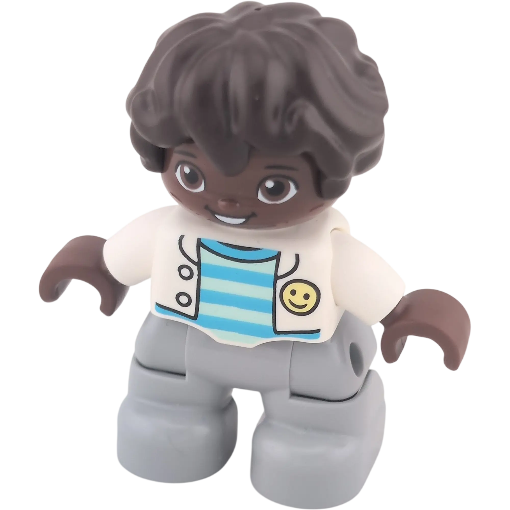 Lego Duplo 116H3 Junge Graue Hose Weiße Jacke mit Smiley blau gestreiftes Oberteil dunkler Teint