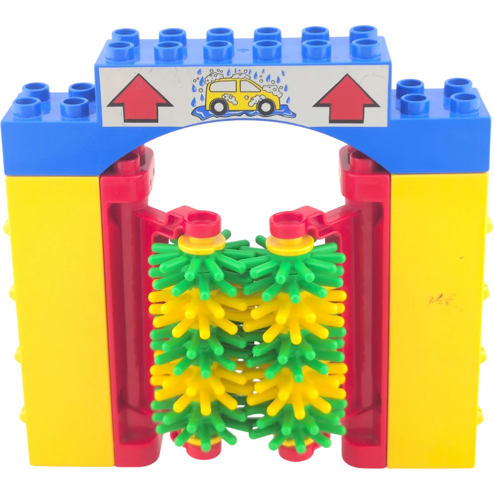 Lego Duplo Autowaschstraße Autowaschanlage Rot Gelb mit Grün gelben Borsten Blaues Schild