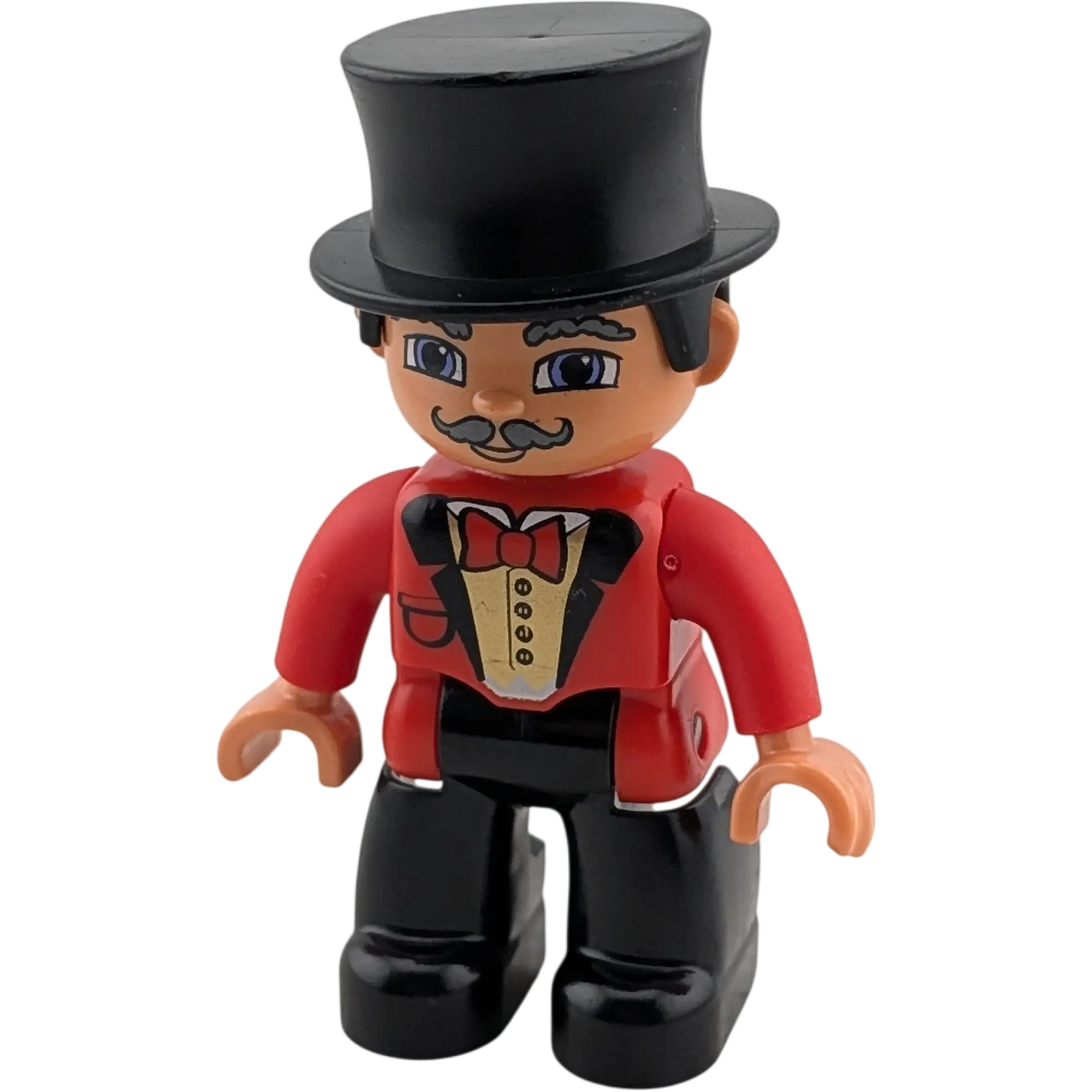 Lego Duplo Figur Mann Zirkusdirektor schwarzer Zylinder grauer Schnurrbart roter Frack weiße Weste Fliege schwarze Hose