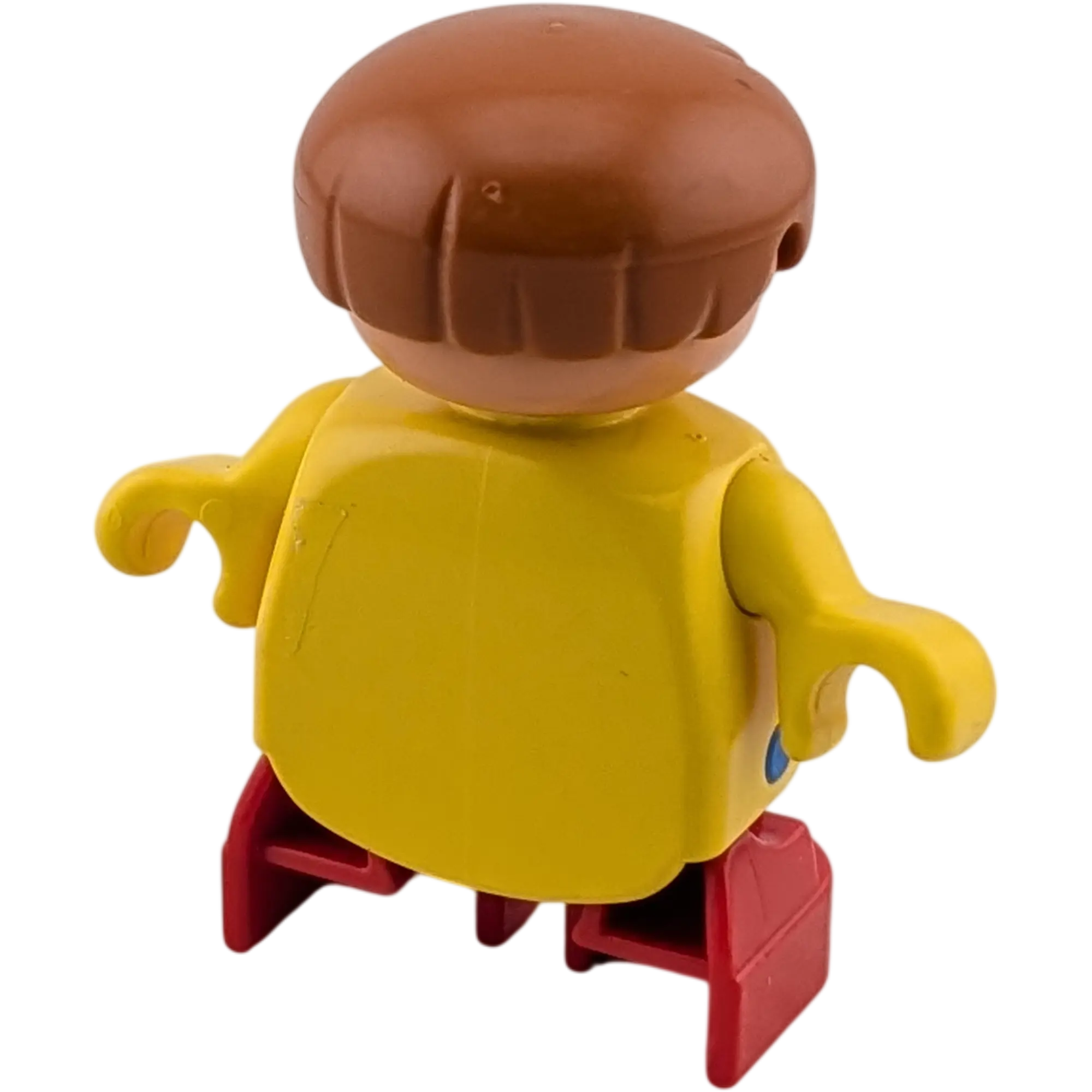 Lego Duplo Figur Junge Kleinkind braune Haare gelbes Oberteil mit blauem Rautenmuster roter Kragen rote Hose