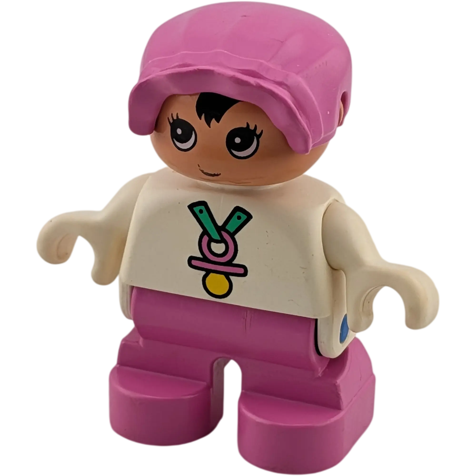 Lego Duplo Kind Mädchen Baby mit pinker Haube und pinker Hose, Schnullerkette